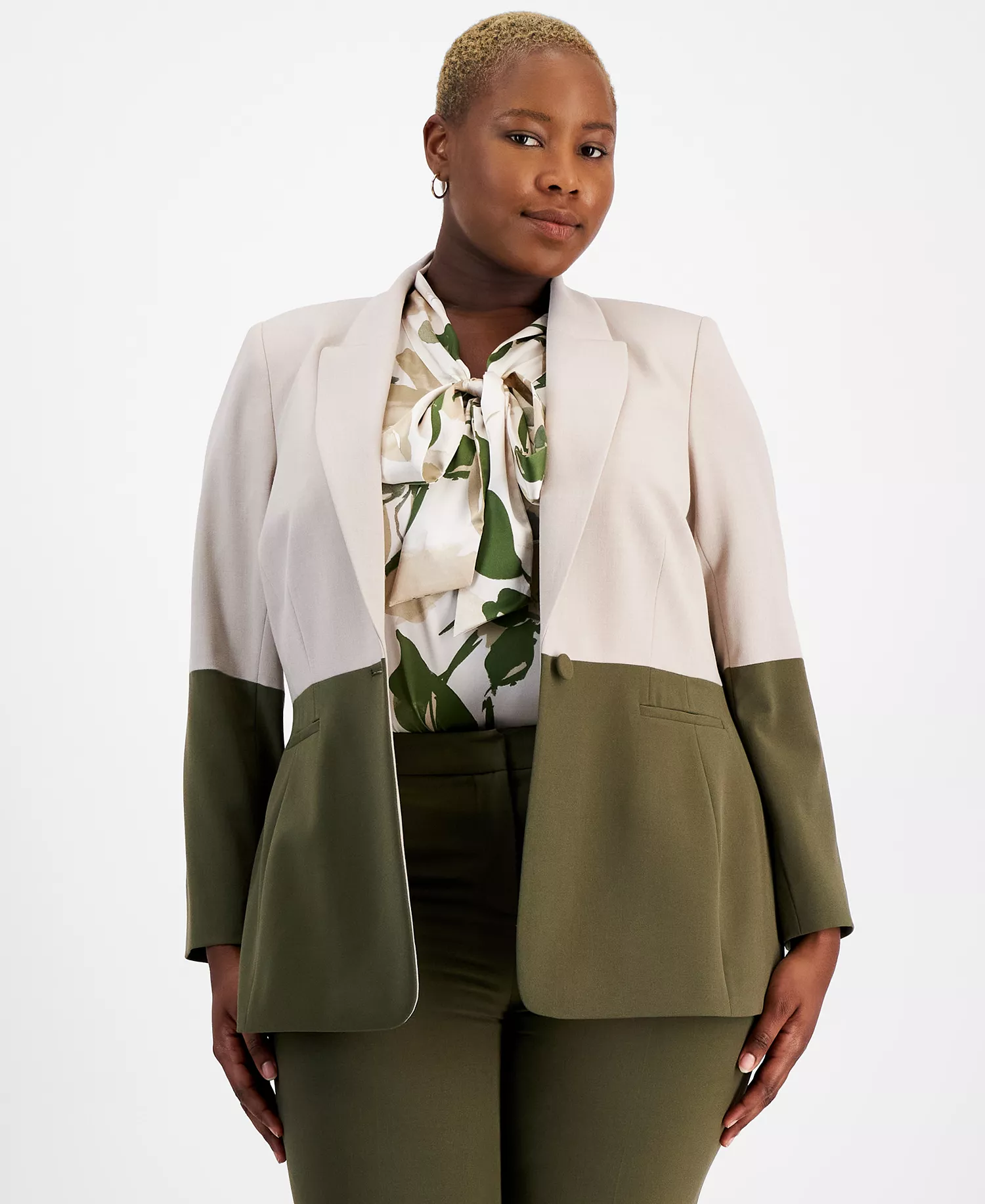 Plus Size Colorblocked Boyfriend Blazer & Pants Suit Separates - Sand/loden - 14W