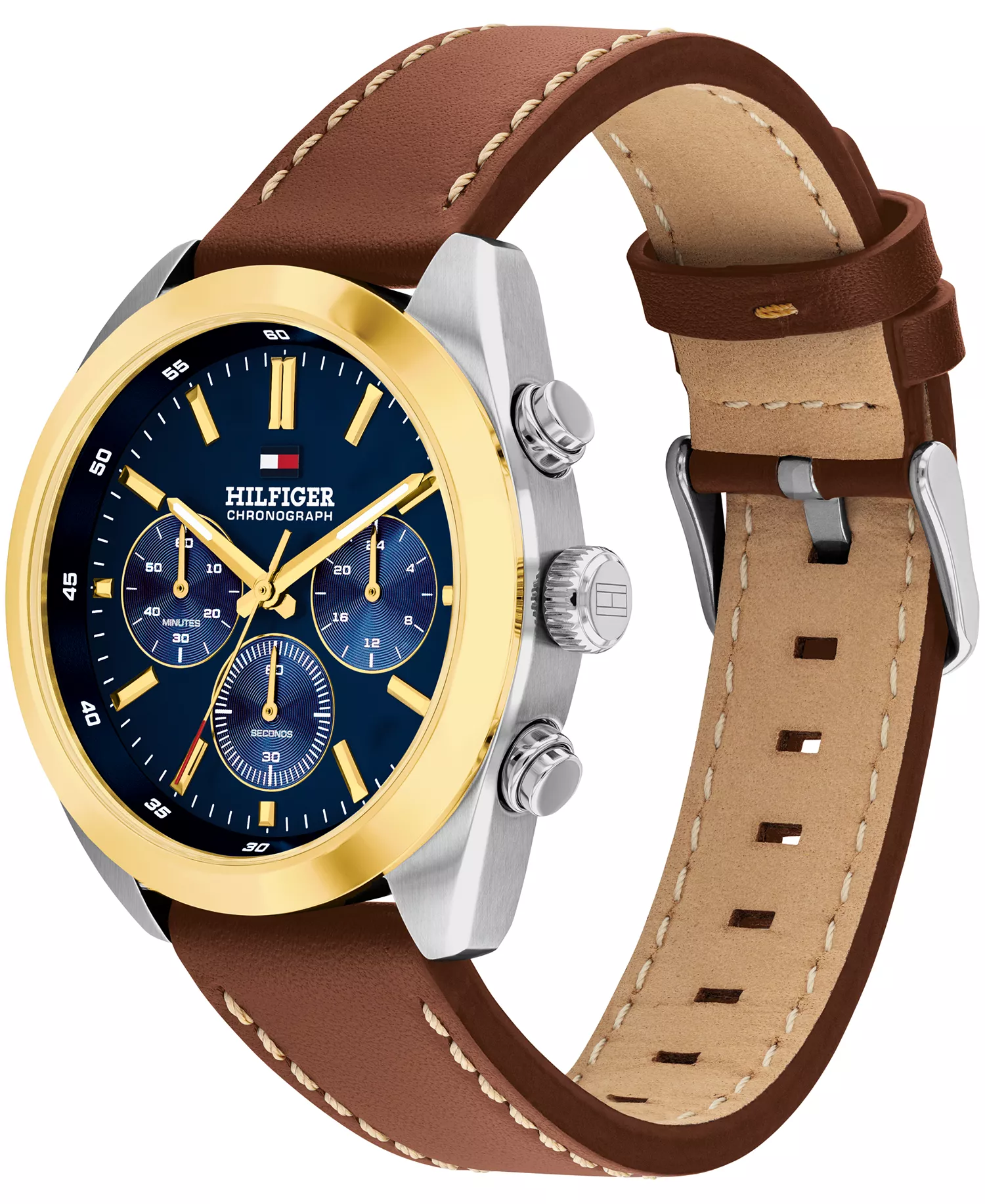 Men's Chronograph Brown Leather Strap Watch, 40mm - Navy - 40