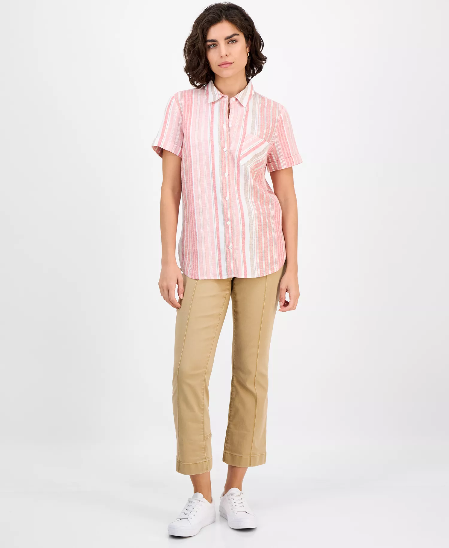 Nautica Women's Striped Short-Sleeve Camp Shirt - Bridal Rose Multi - L