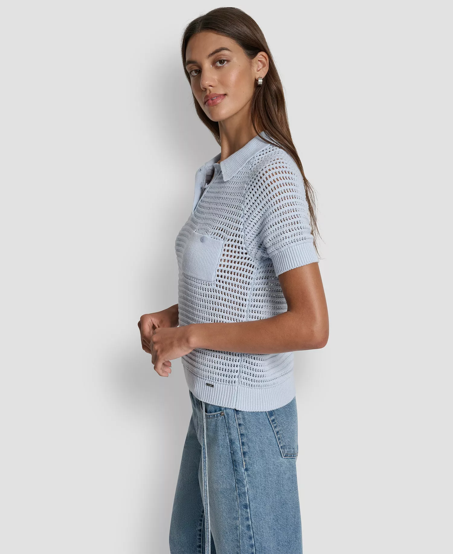 Women's Short-Sleeve Polo Collar Faux Crochet Stitch Sweater - Frost Blue - L