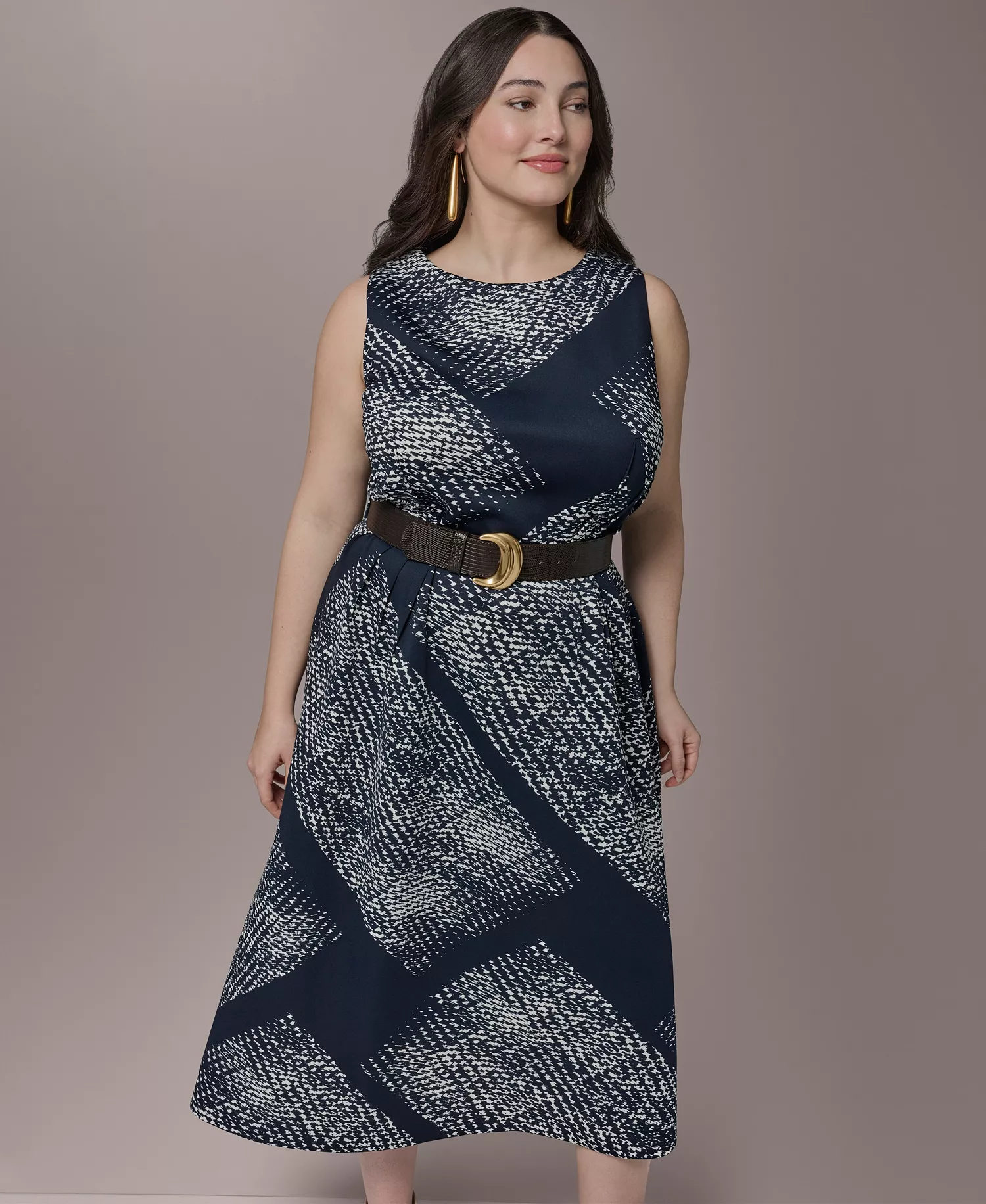 Plus Size Belted Scuba Midi Dress - Nightfall/cream - 14W