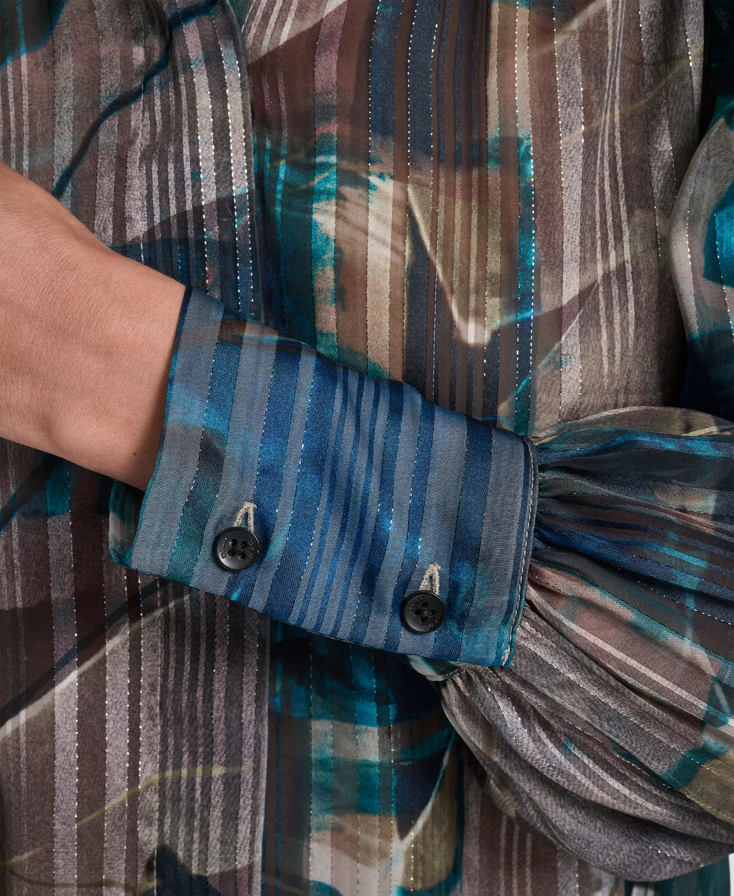 Women's Balloon Sleeve Shirt - City Taupe/ocean Blue Multi - L