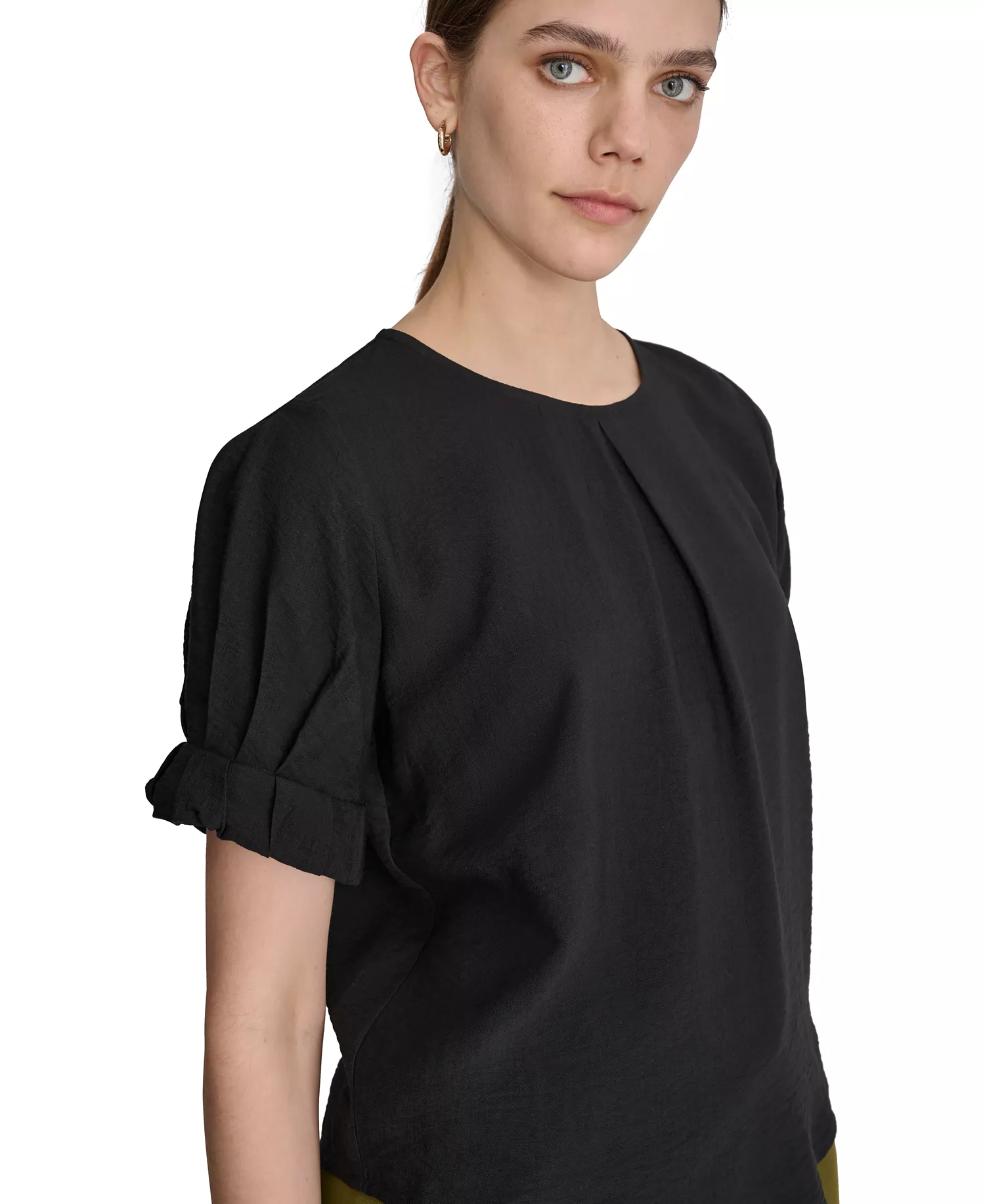 Women's Puff-Sleeve Pleated Blouse - Black - XS