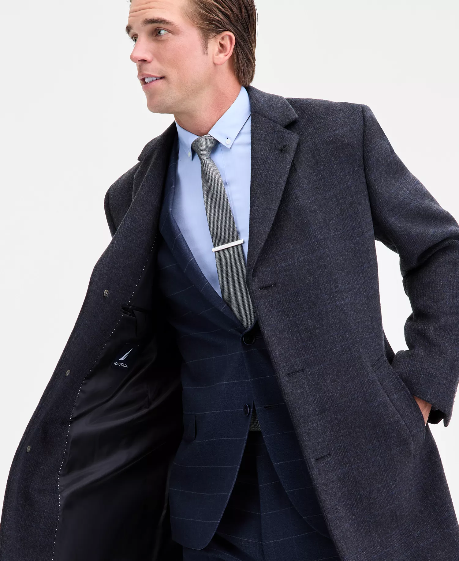 Men's Modern-Fit Wool-Blend Overcoat  - Grey Plaid - 36R
