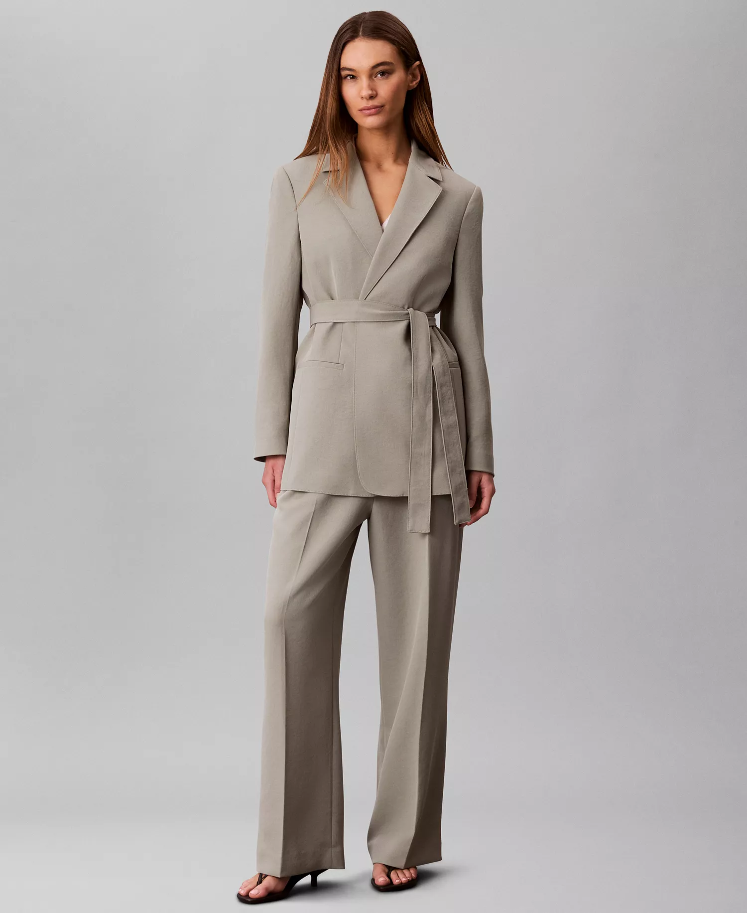 Women's Casual Twill Collared Belted Blazer - Shadow - 16