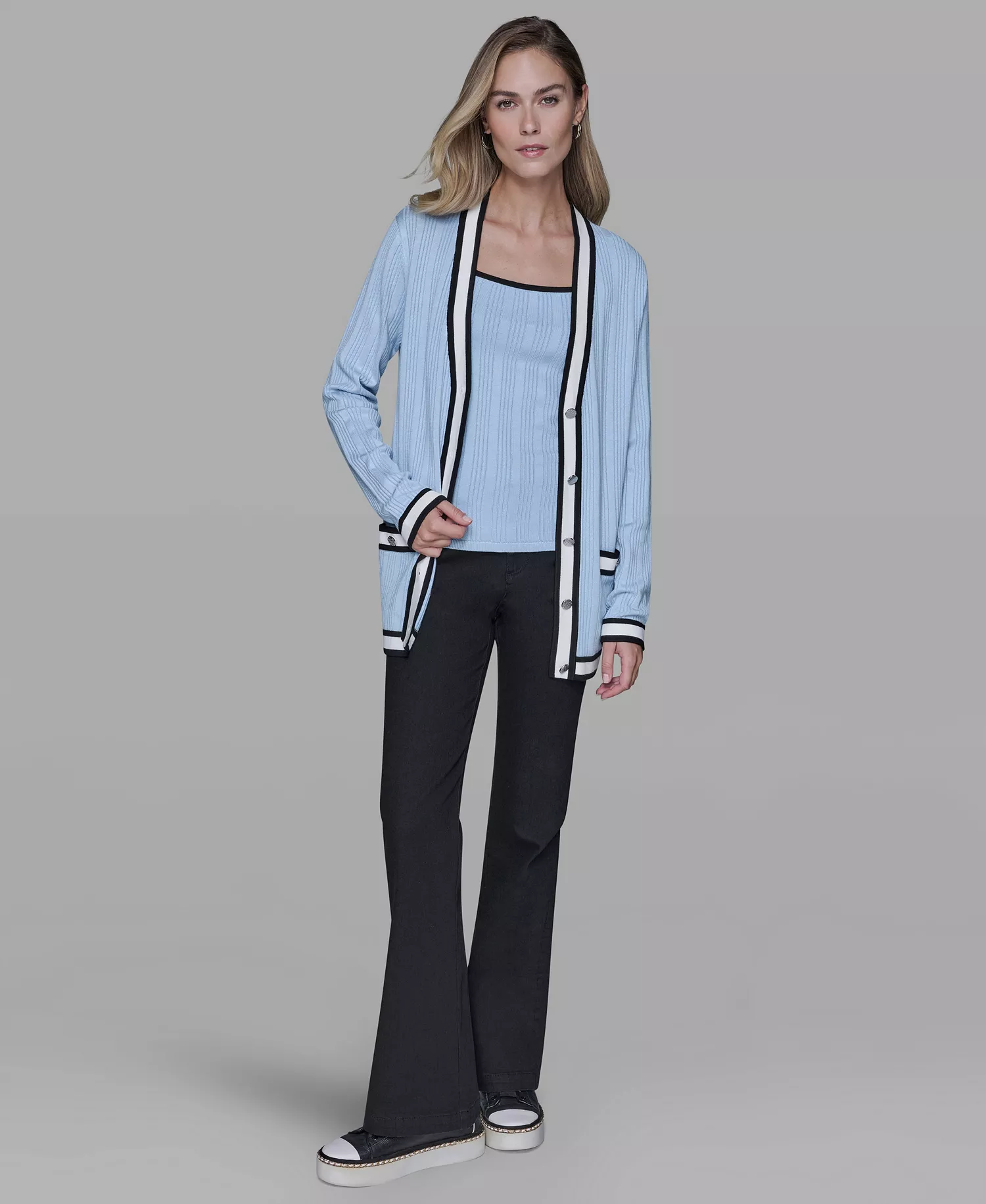 Women's V-Neck Contrast Cardigan - Blue Aura - L