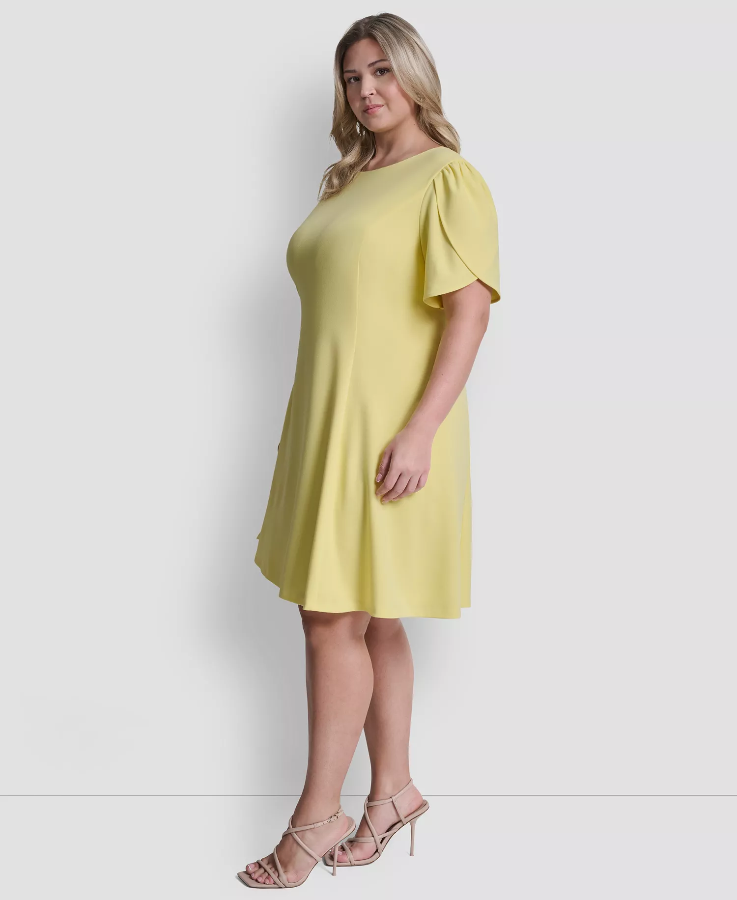 Plus Size Tulip-Sleeve Fit And Flare Jewel Neck Short Dress - Soft Yellow - 14W