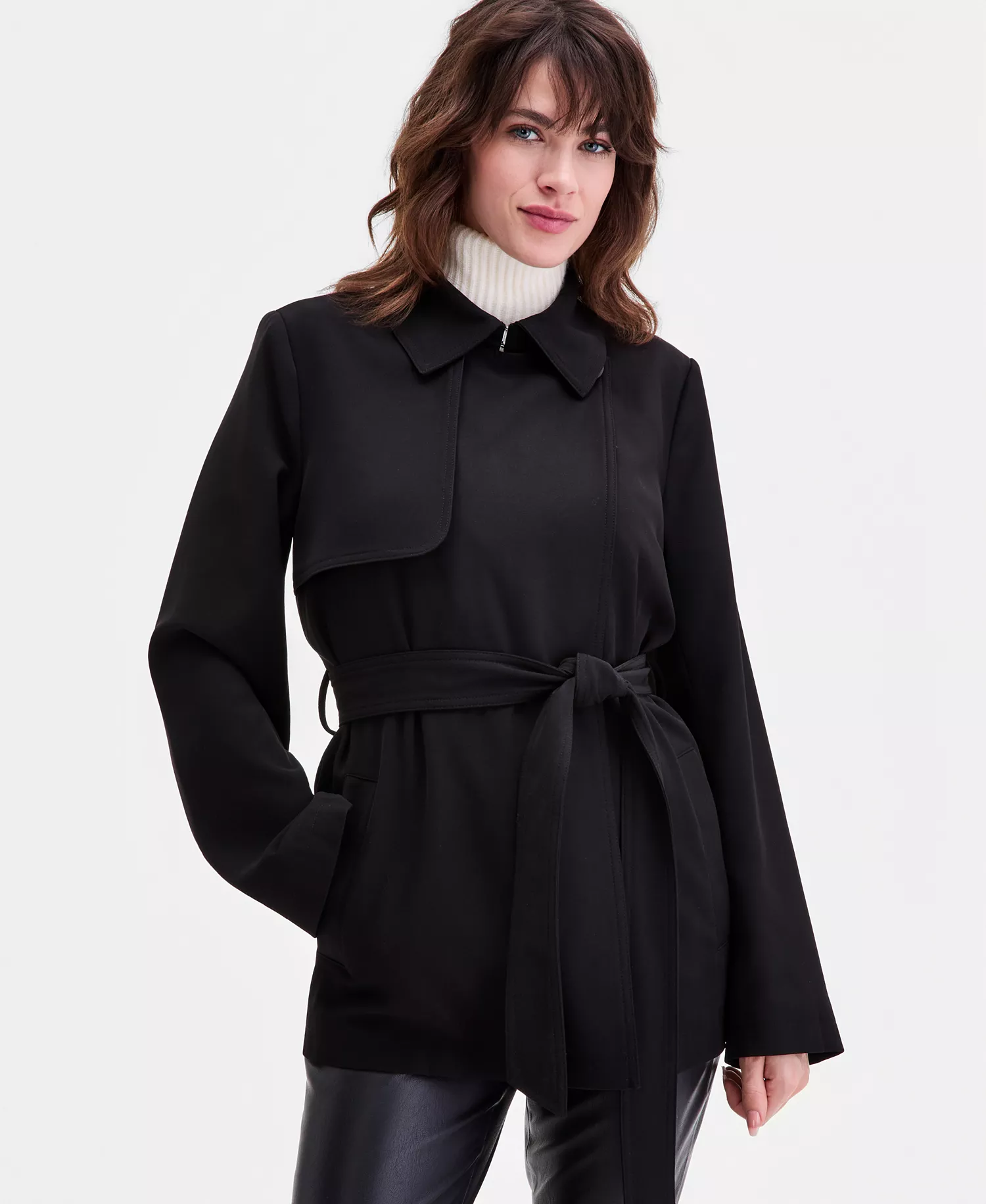 Women's Short Belted Crepe Trench Coat - BLACK - L