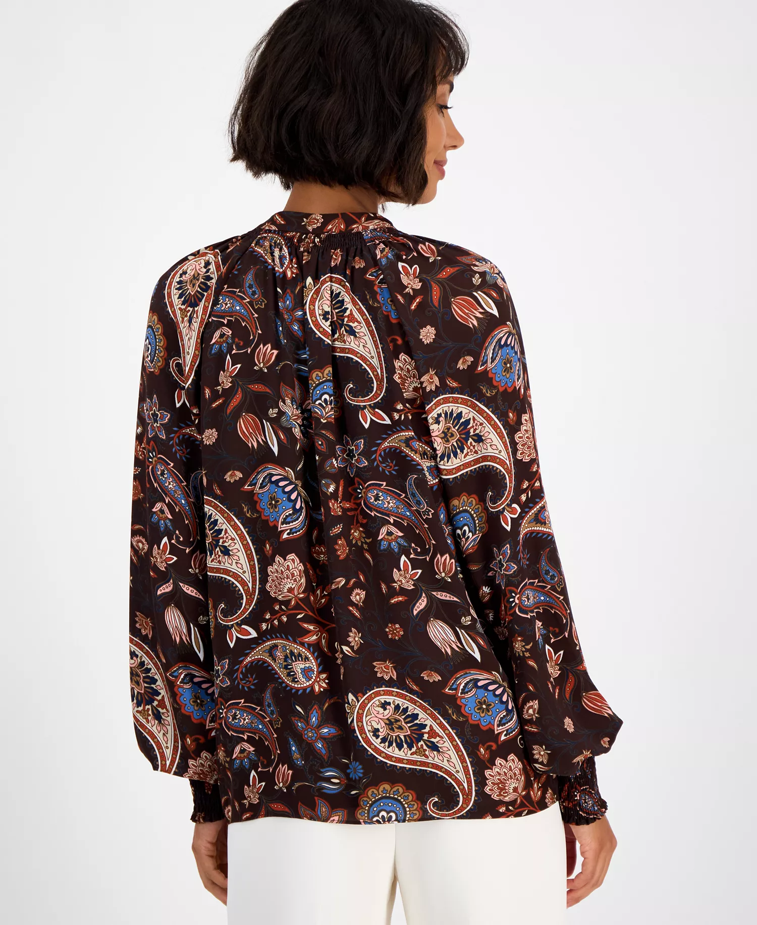 Women's Printed Split-Neck Long-Sleeve Blouse  - Espresso Paisley Print - M