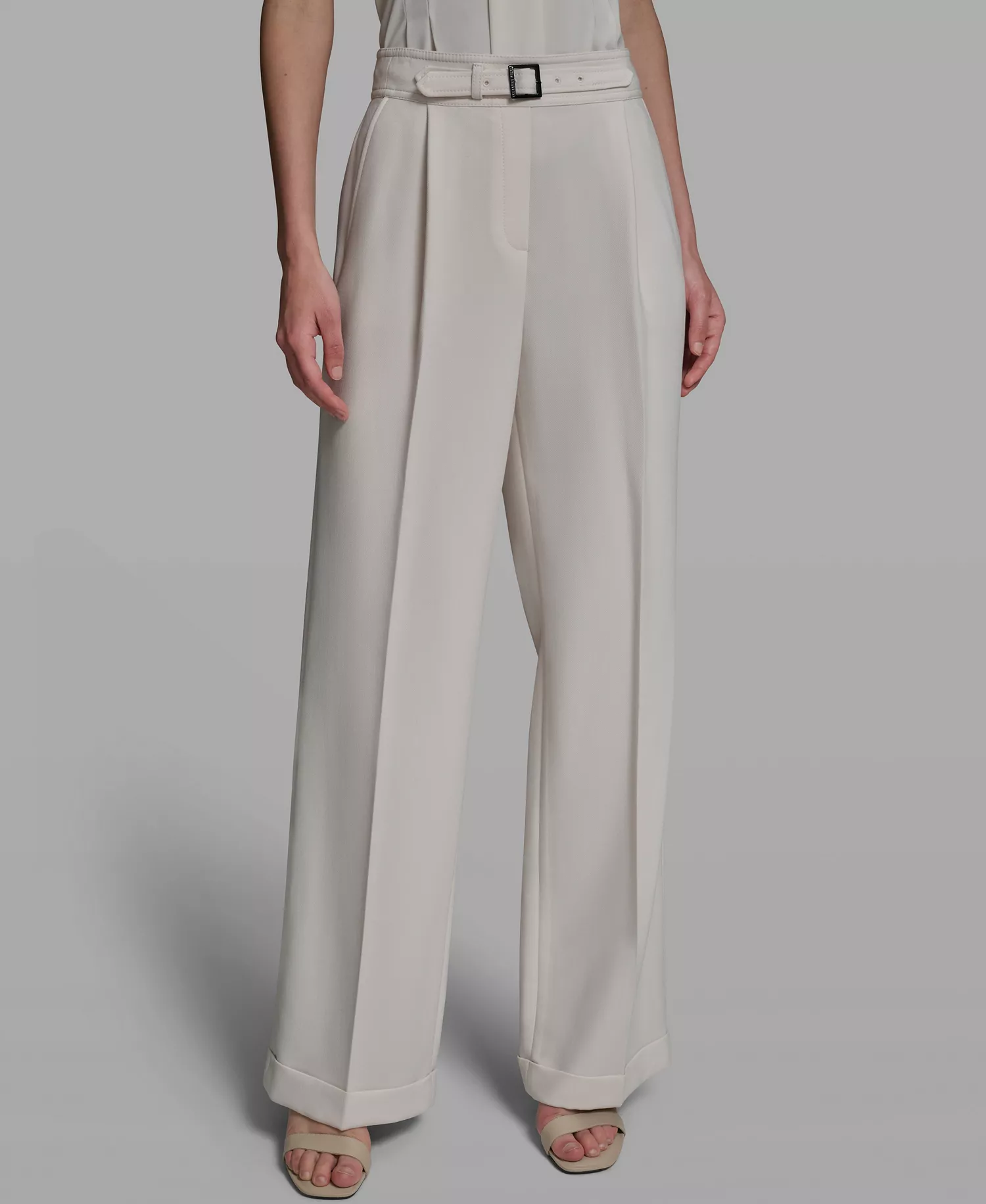 Women's Mid-Rise Elastic-Back Belted Wide-Leg Pants - Bisque - 0