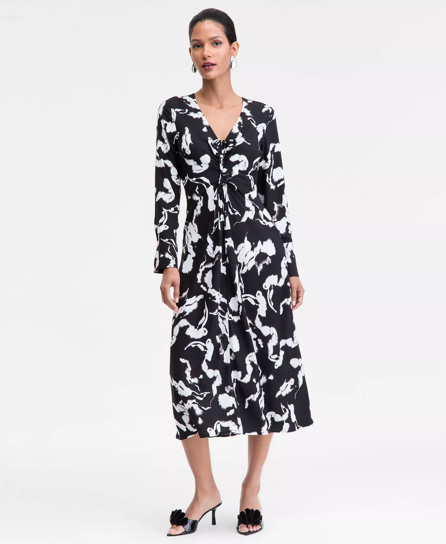 Women's Drawstring-Front V-Neck Midi Dress, Macy's Exclusive - Prt Tie Front Maxi - M