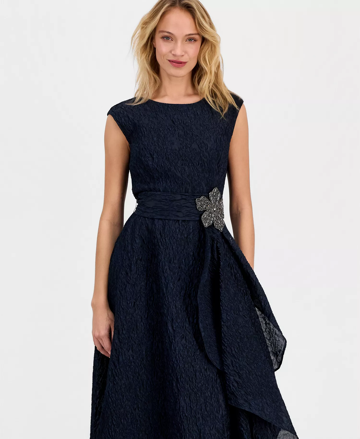 Women's Crinkle Taffeta Beaded Flower Gown - NAVY - 10