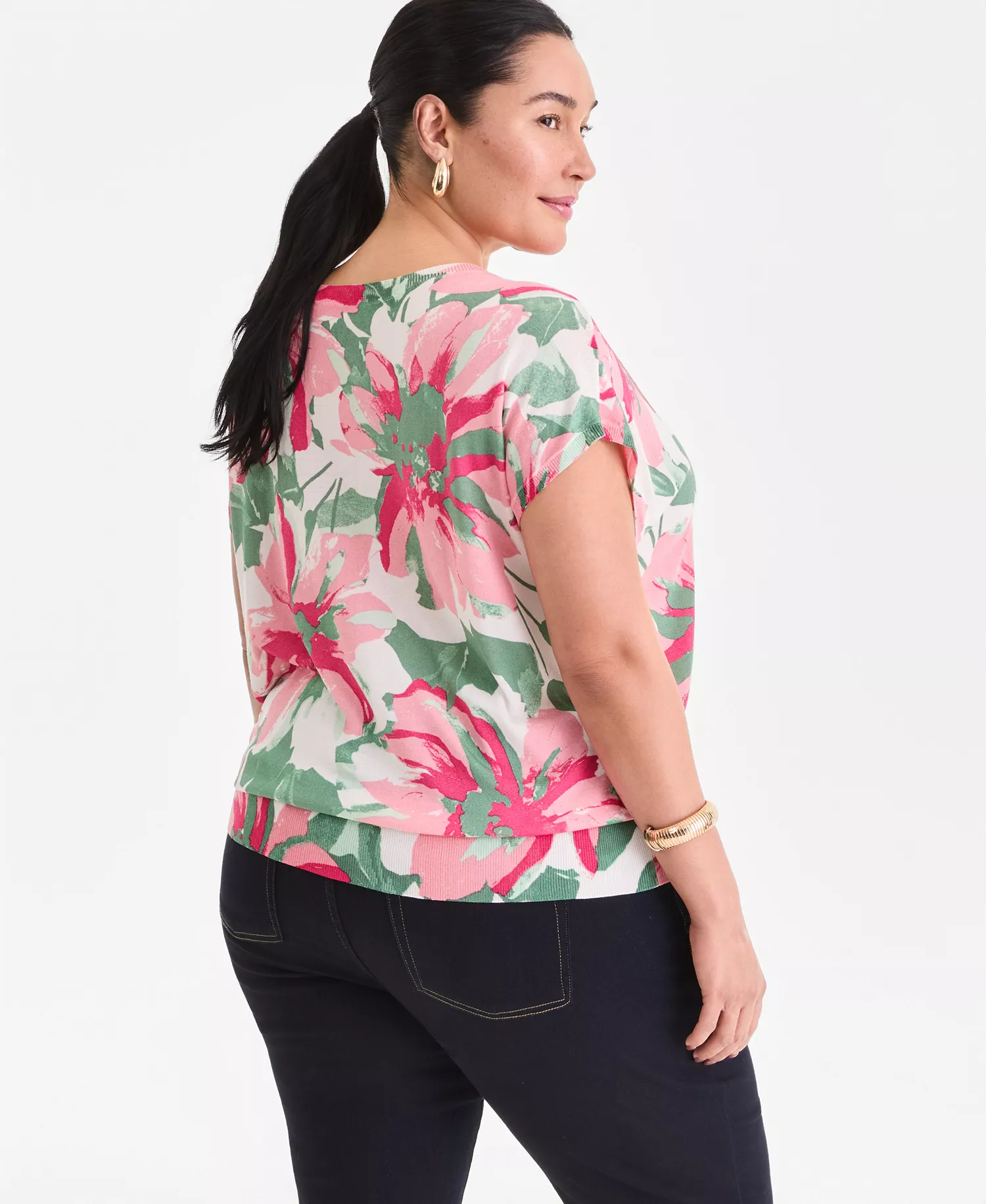 Plus Size Printed Wide-Neck Dolman-Sleeve Sweater, Created for Macy's - Farrah Bouquet - 0X