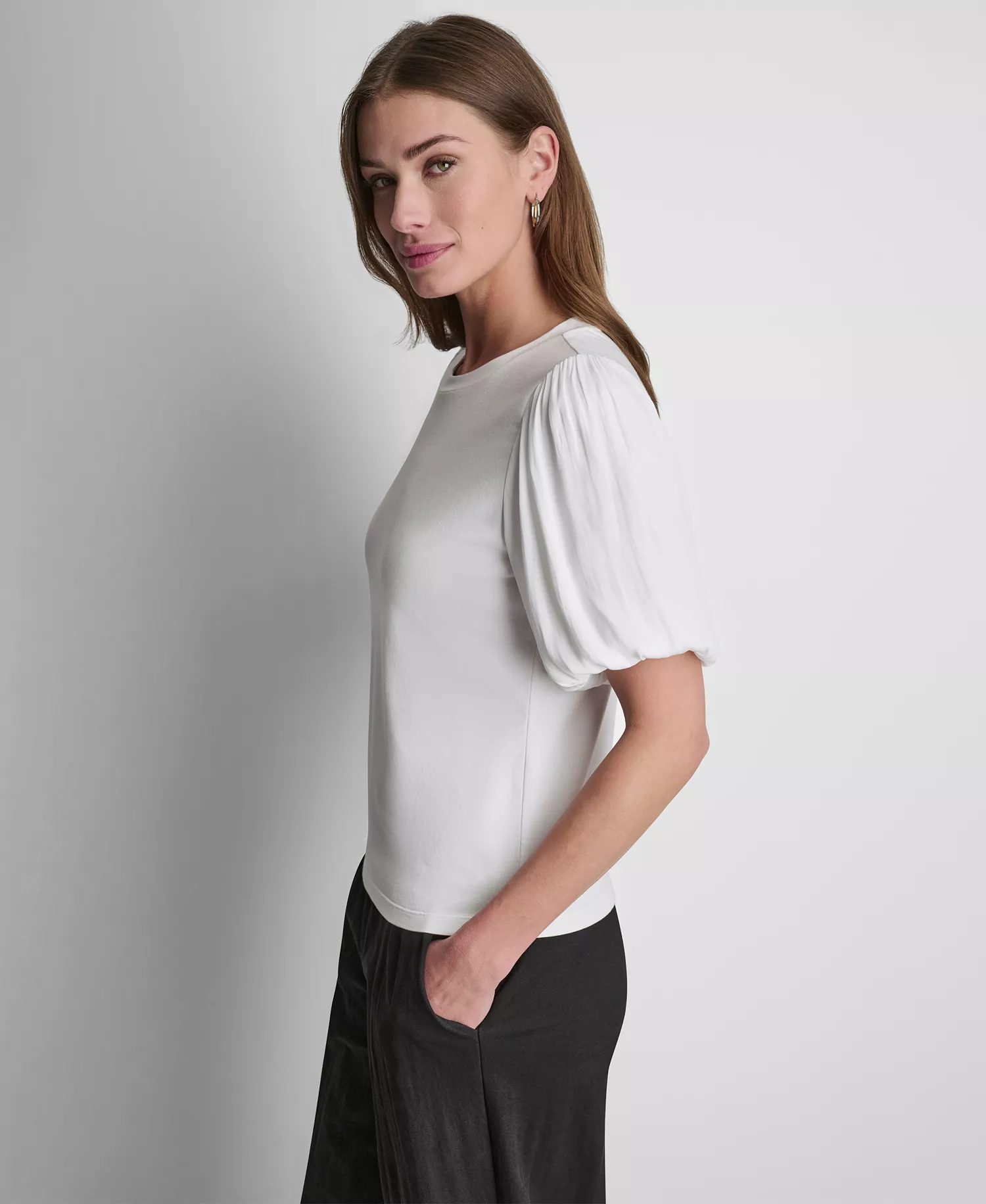 Women's Puffed Crew Neck Mix Media Knit Top - Black - L