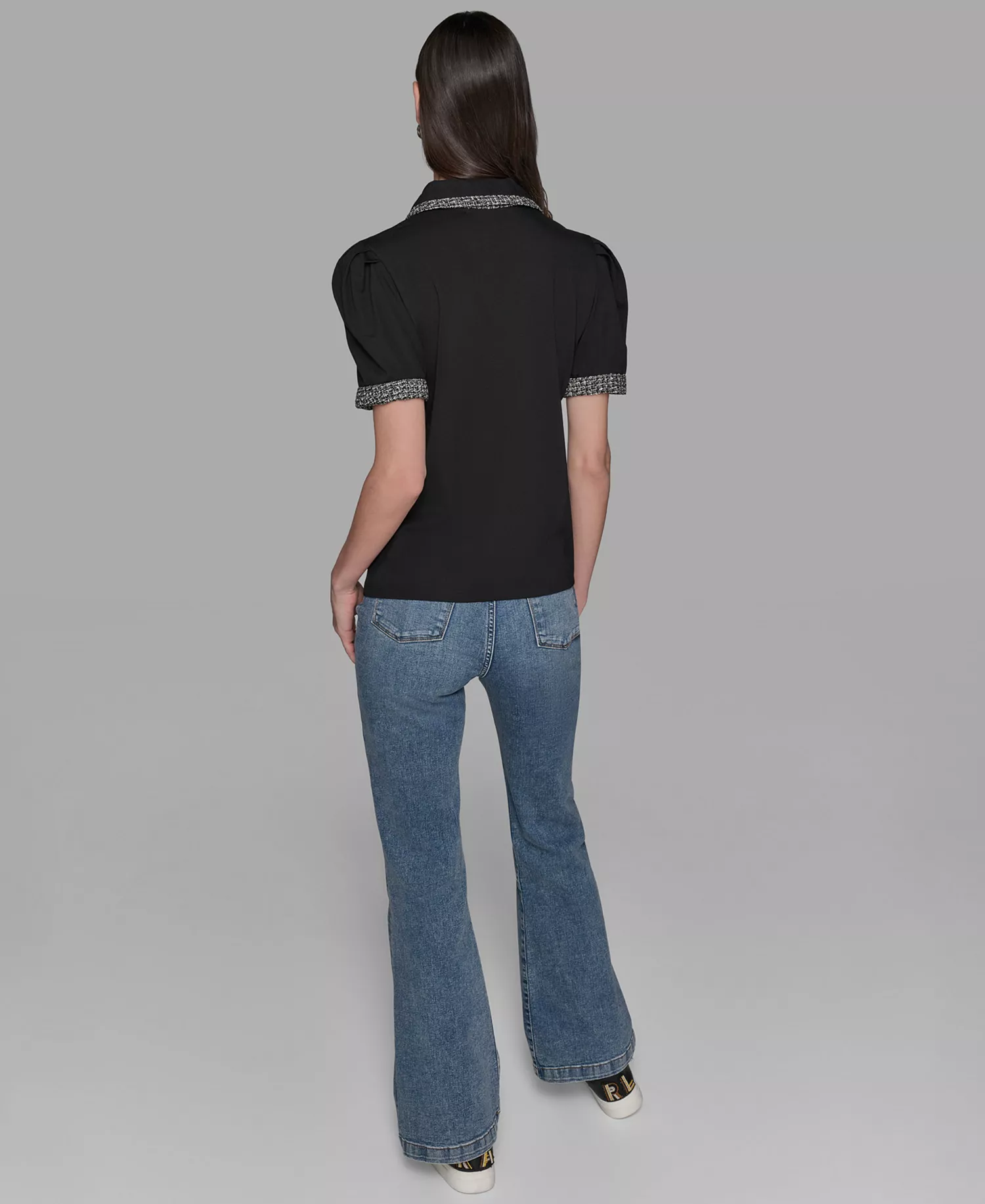 Women's Short Sleeve Tweed Trim Knit Top - Black - L