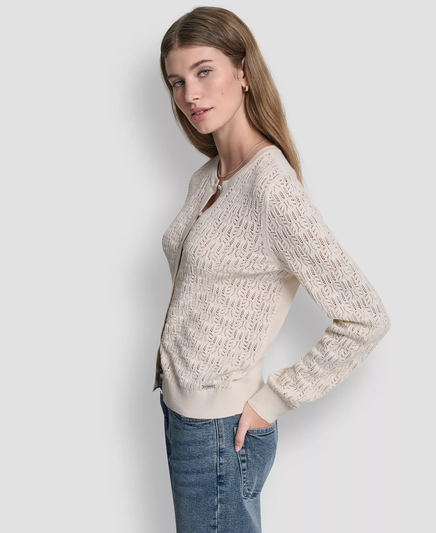 Women's Crew Neck Long-Sleeve Cardigan Sweater - Eggnog - L