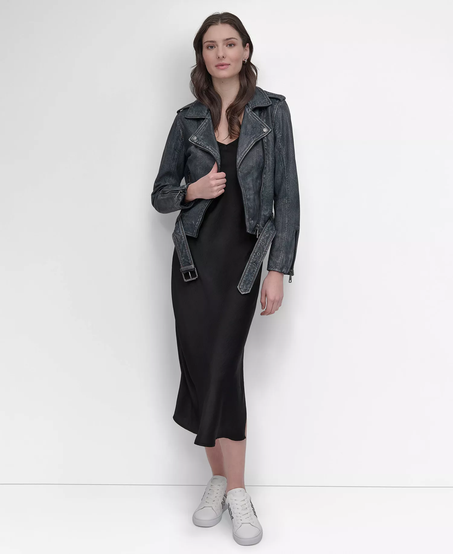 Women's Leather Asymmetrical Zip-closure Moto Jacket - Denim - L