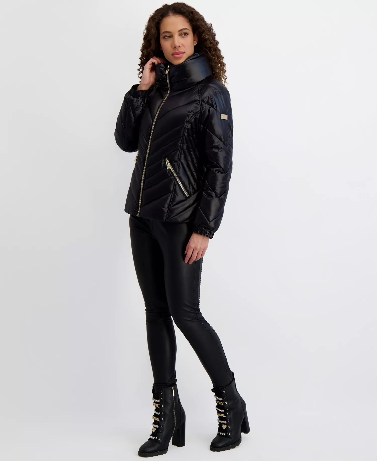 Women's Pillow-Collar Puffer Coat - Black - L