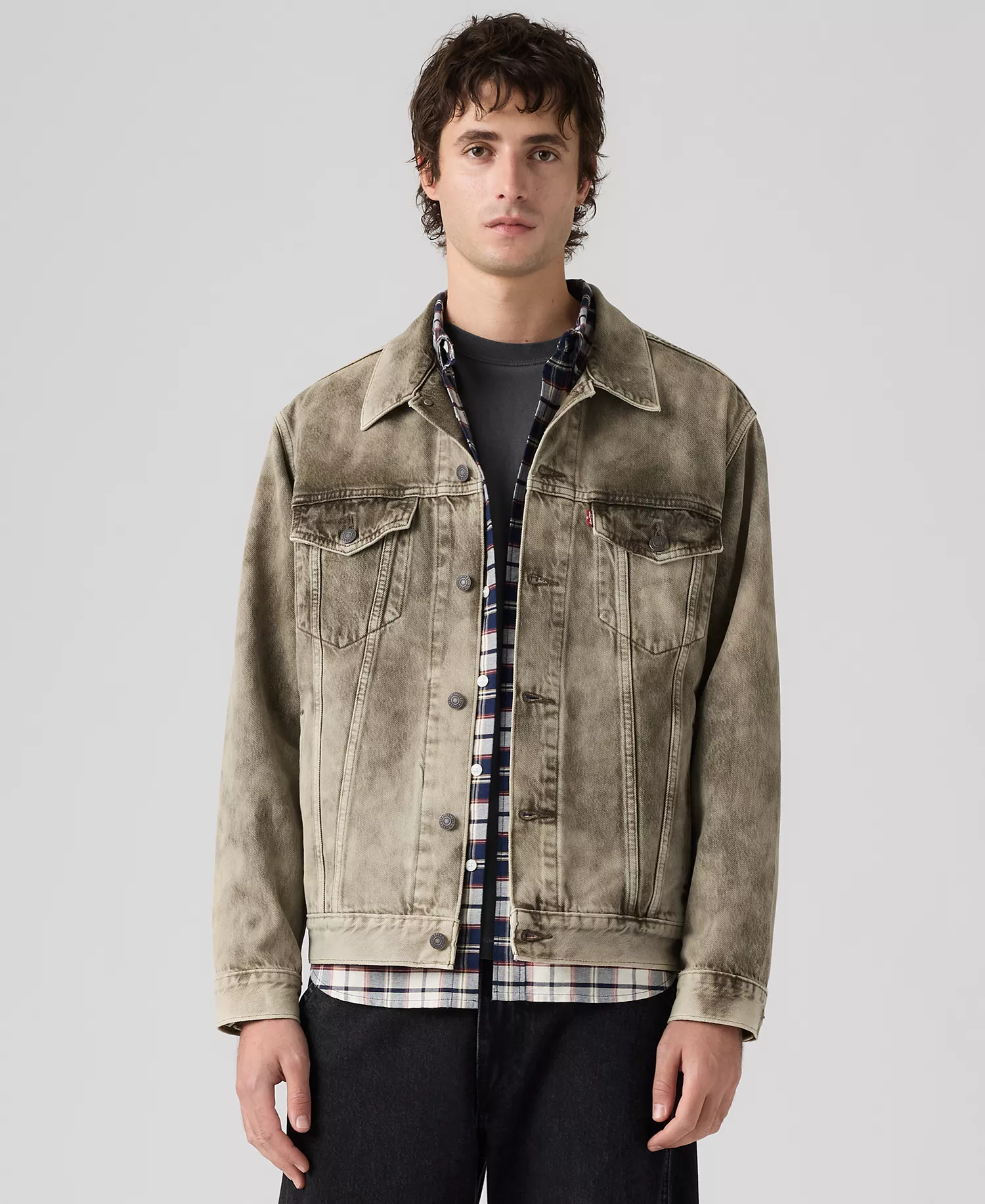 Premium Men's Relaxed-Fit Trucker Jacket - Beige/Olive camo - 2XL