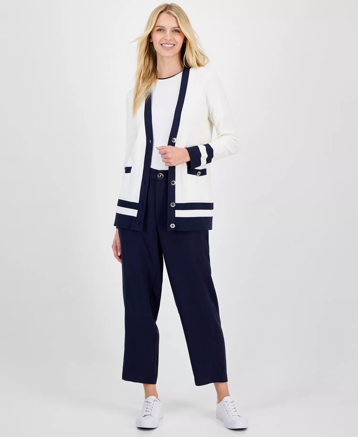 Nautica Women's Striped V-Neck Cardigan - Ivory/ Night Sky - L