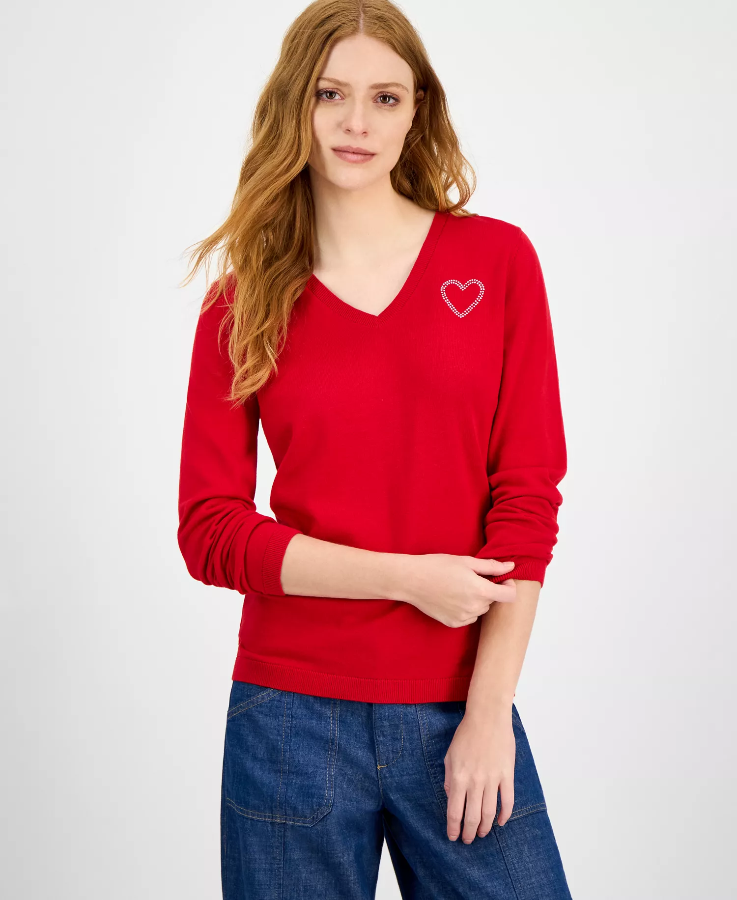 Nautica Women's Cotton Embellished-Heart Sweater  - Haute Red - L