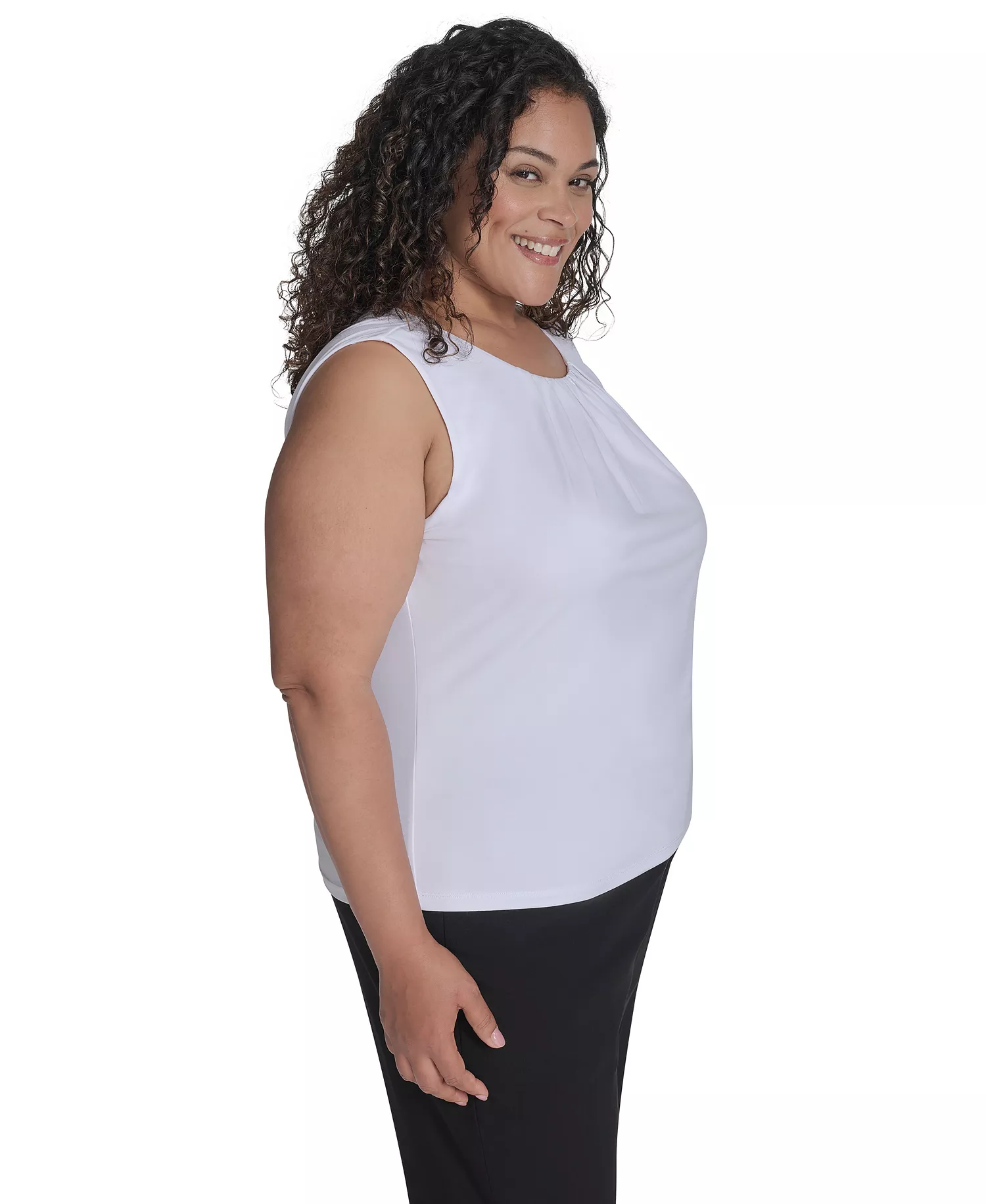 Plus Size Sleeveless Pleat-Neck Top - White - 1X