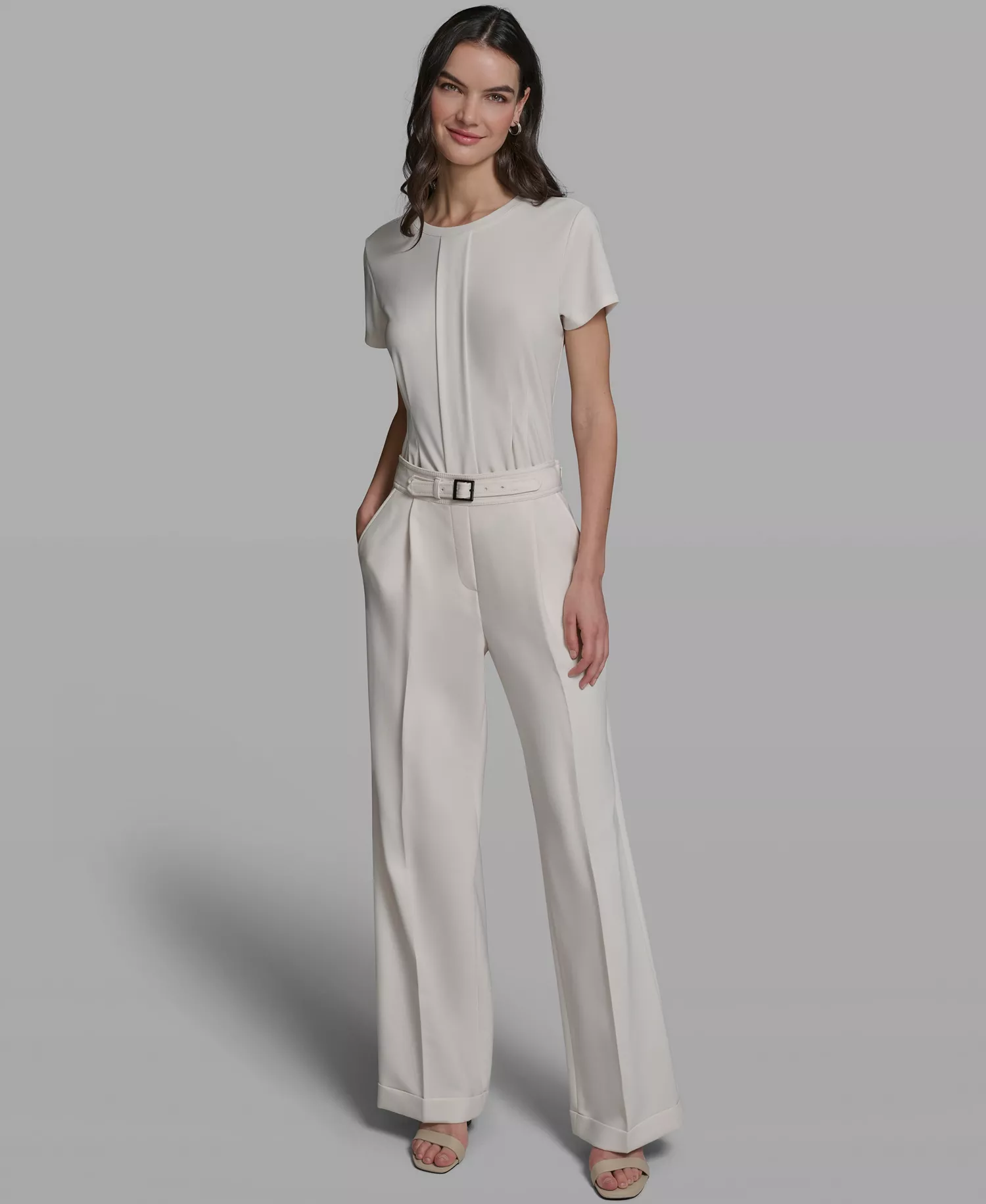 Women's Mid-Rise Elastic-Back Belted Wide-Leg Pants - Bisque - 0
