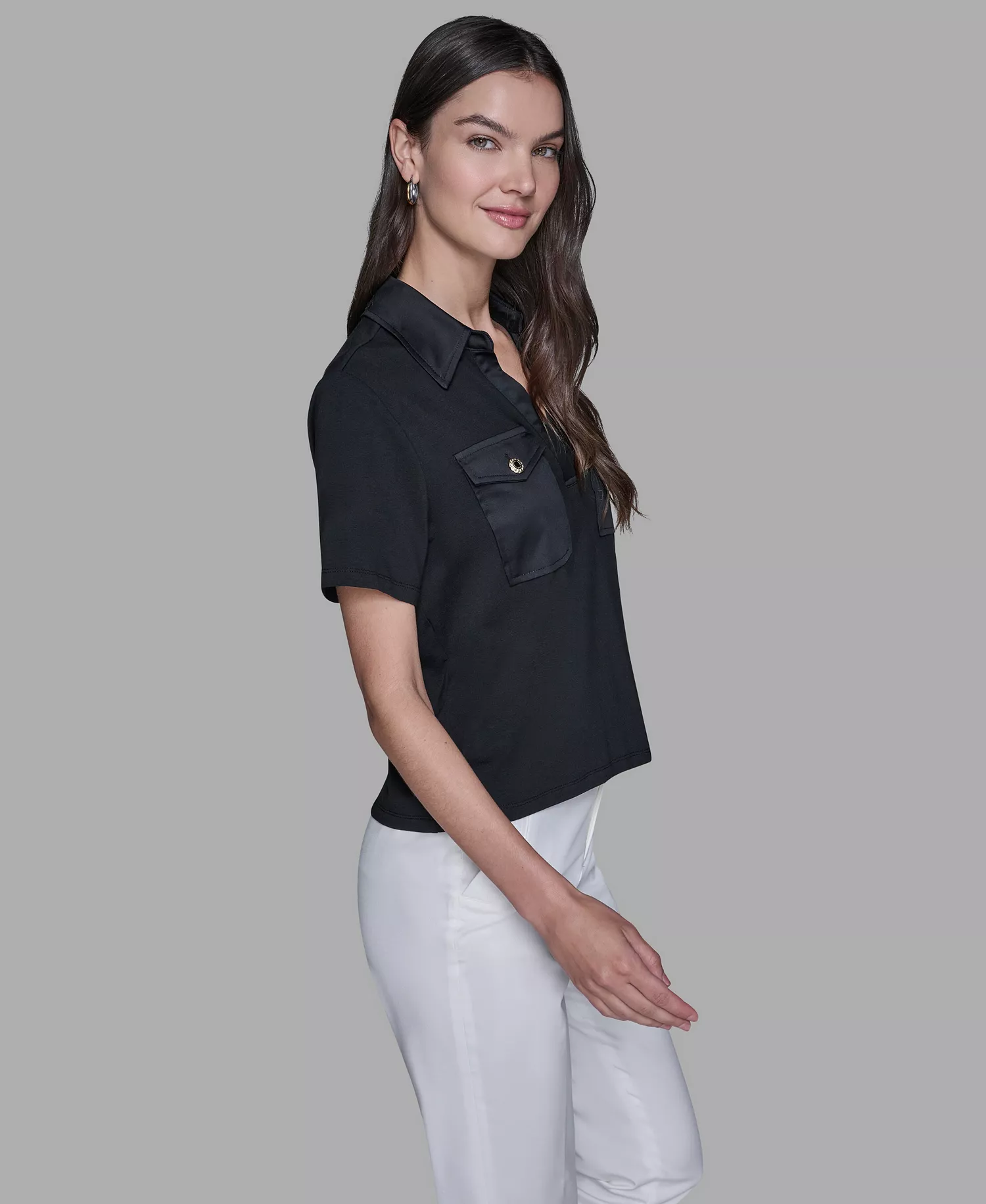 Women's Short-Sleeve Collared Polo Top - Black - L