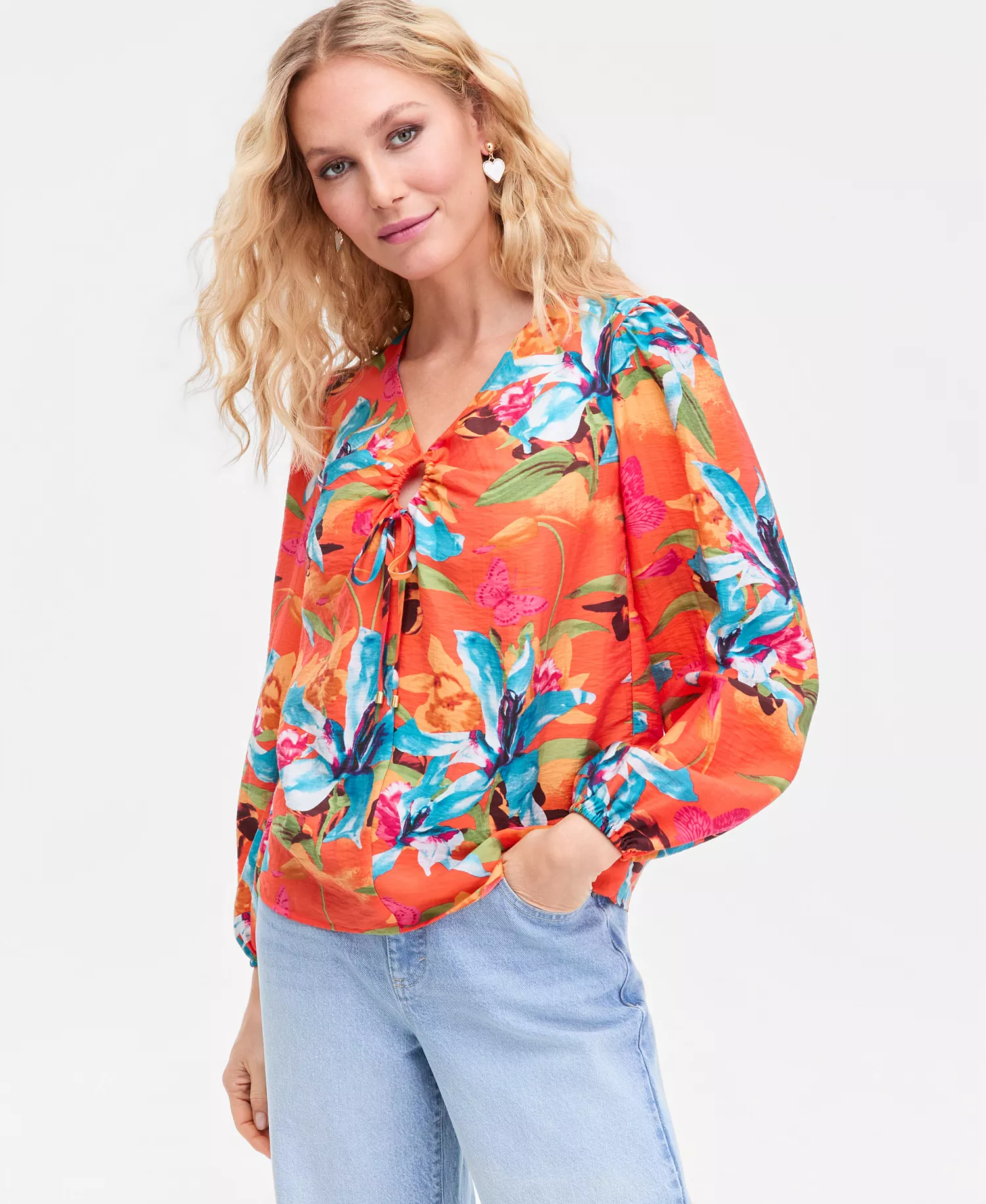 Women's Floral-Print Keyhole Blouse, Macy's Exclusive - Calla Bouq Red - L