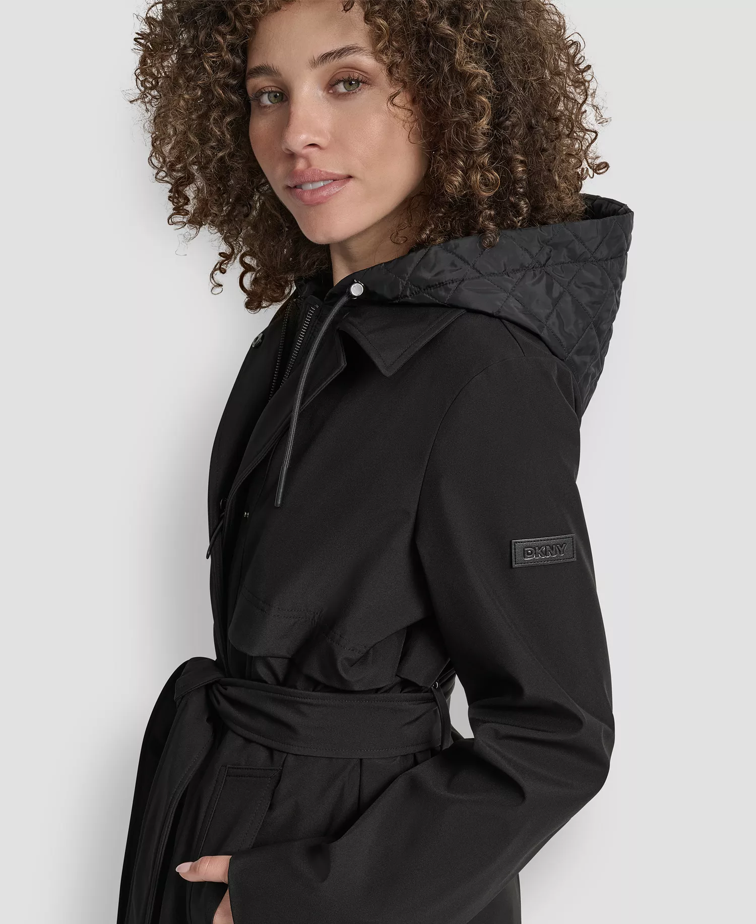 Women's Hooded Bibbed Belted Trench Coat - Black - L