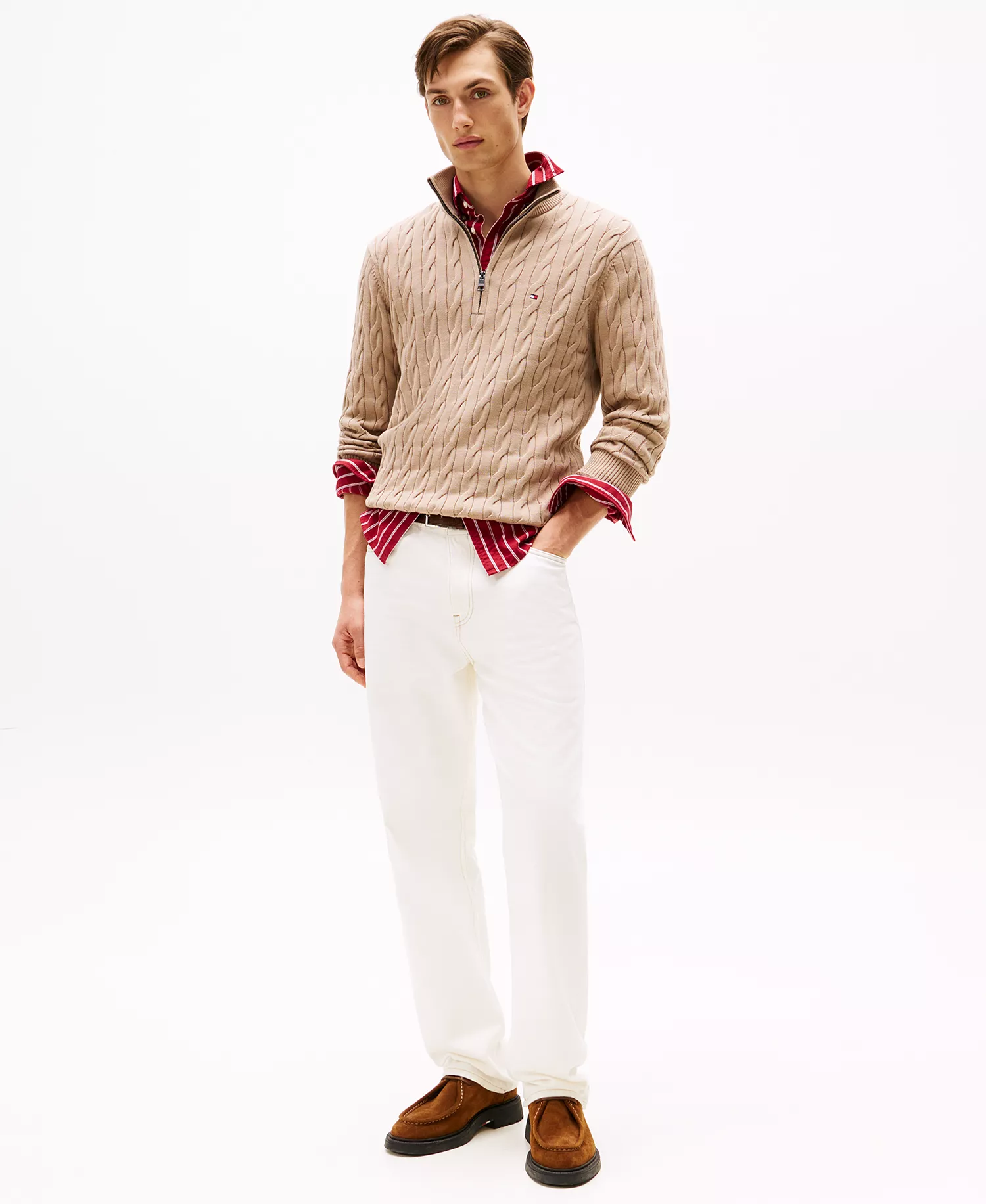 Men's Long-Sleeve Cable Knit Quarter-Zip Sweater - Coastal Taupe - L