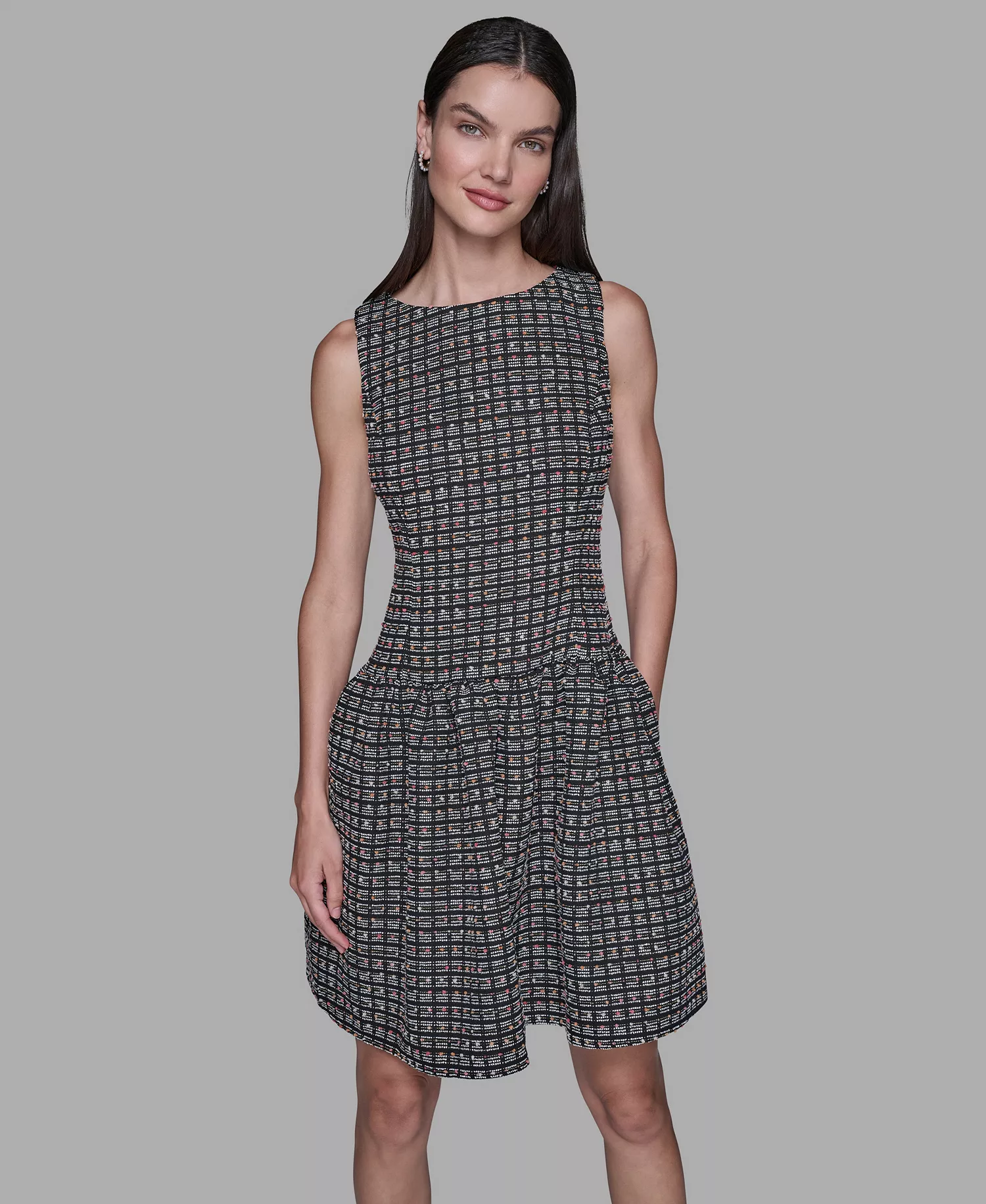 Women's Mini Grid Nubby Tweed Sheath Dress - Black/Soft White Multi - 10