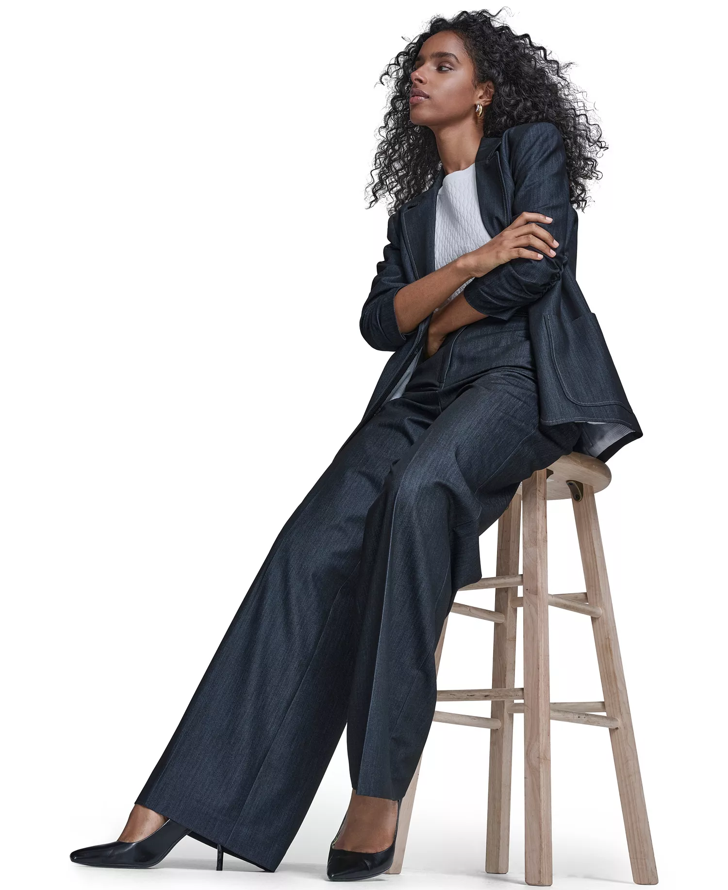 Women's Faux Denim 3/4-Sleeve Jacket, Denim Wide Leg Pants, and Textured Short-Sleeve Sweater - Indigo - 10