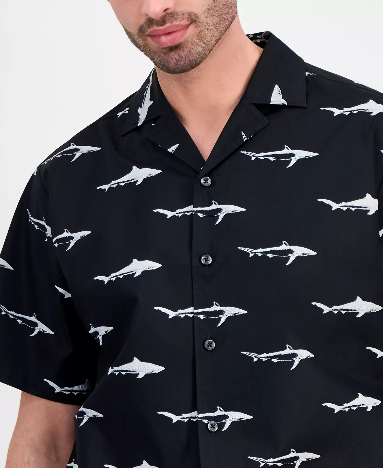 HUGO by Men's Eligino Shark Print Short-Sleeve Shirt - Black - 2XL