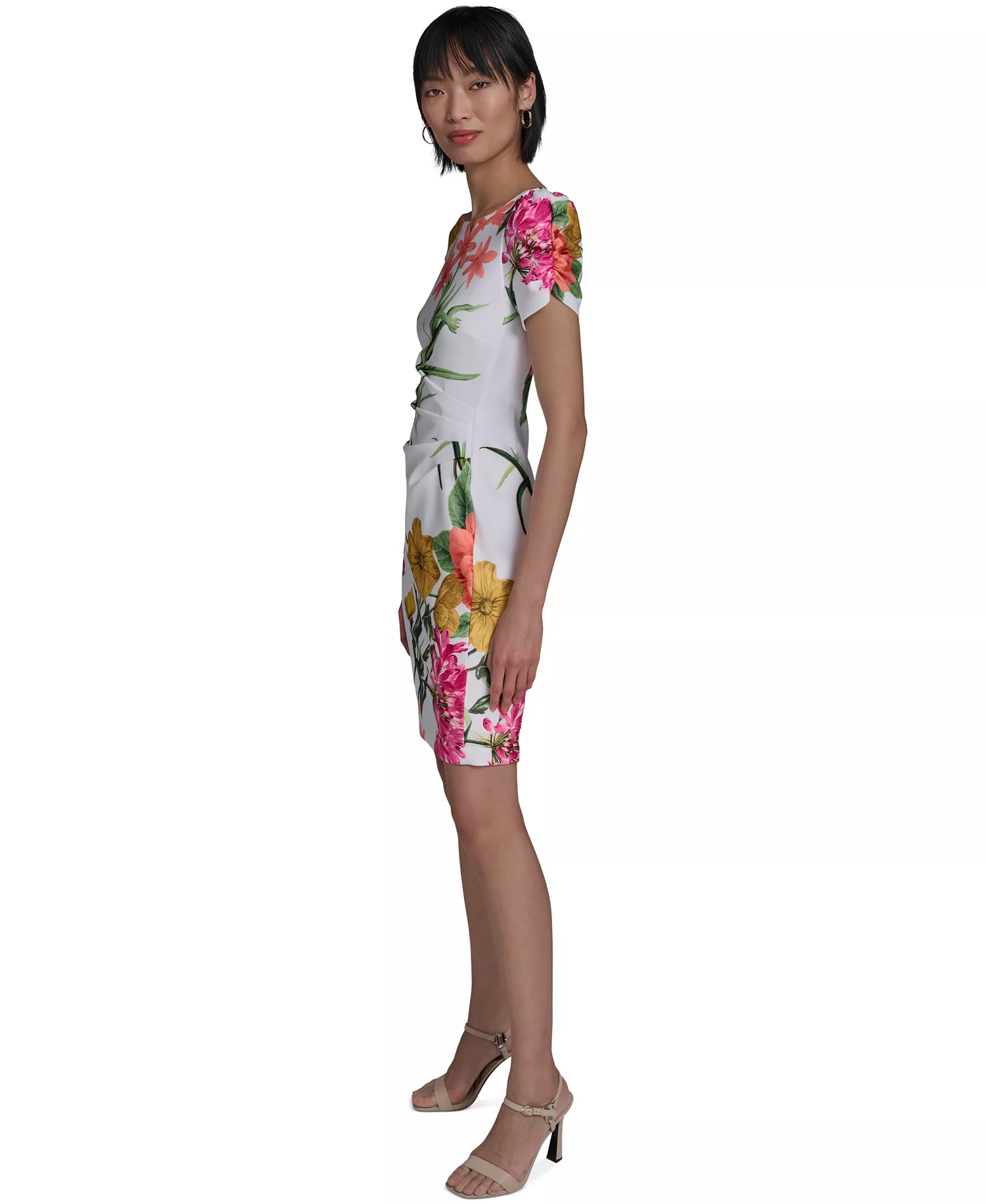 Women's Printed Puff-Sleeve Dress - Soft White/Camelia Combo - 10