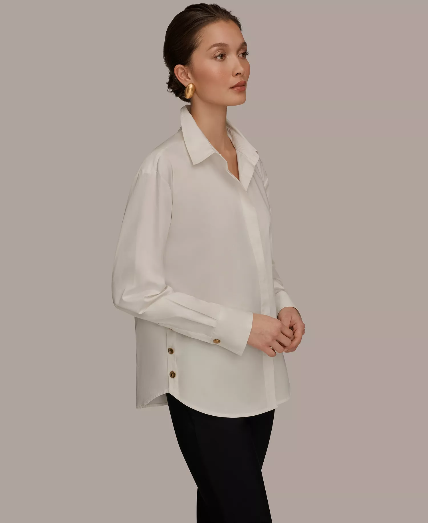 Women's Long-Sleeve Button-Up Shirt - Cream - L