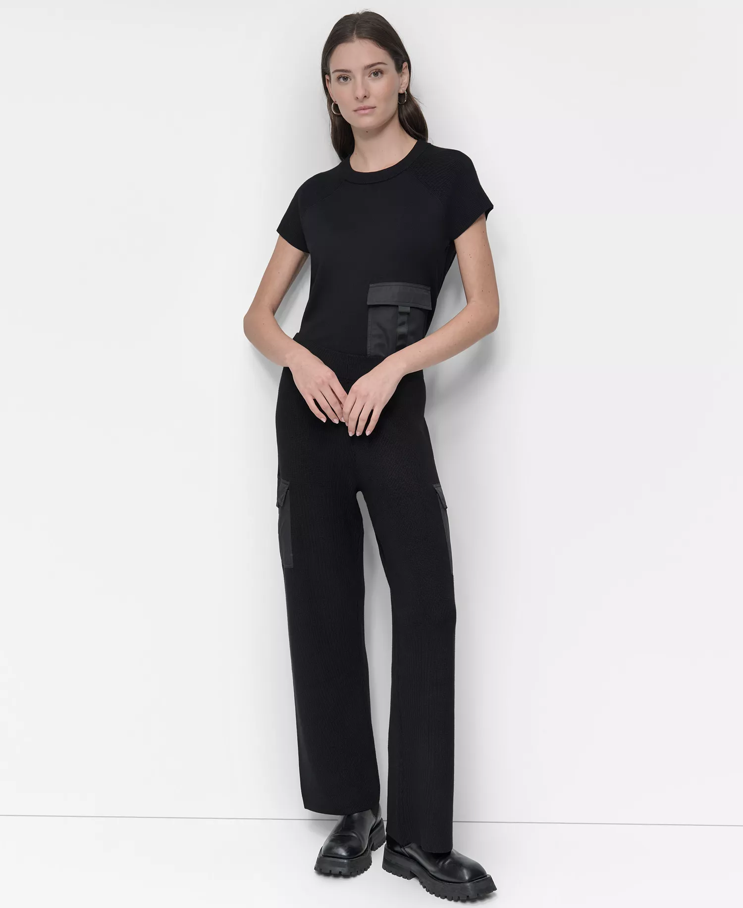 Women's Knit Straight-Leg Cargo Pants - Black - L