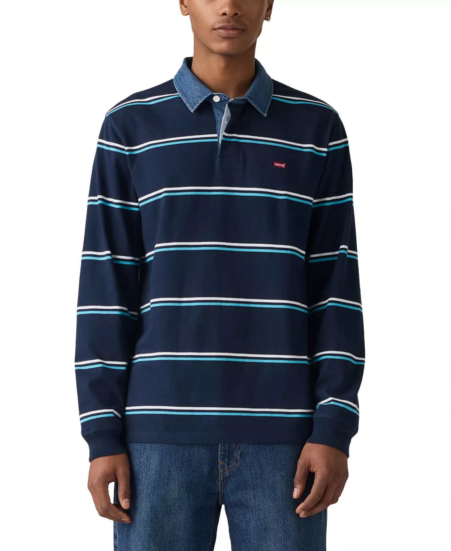 Men's Relaxed-Fit Long Sleeve Striped Rugby Shirt - Stripe Navy - 2XL