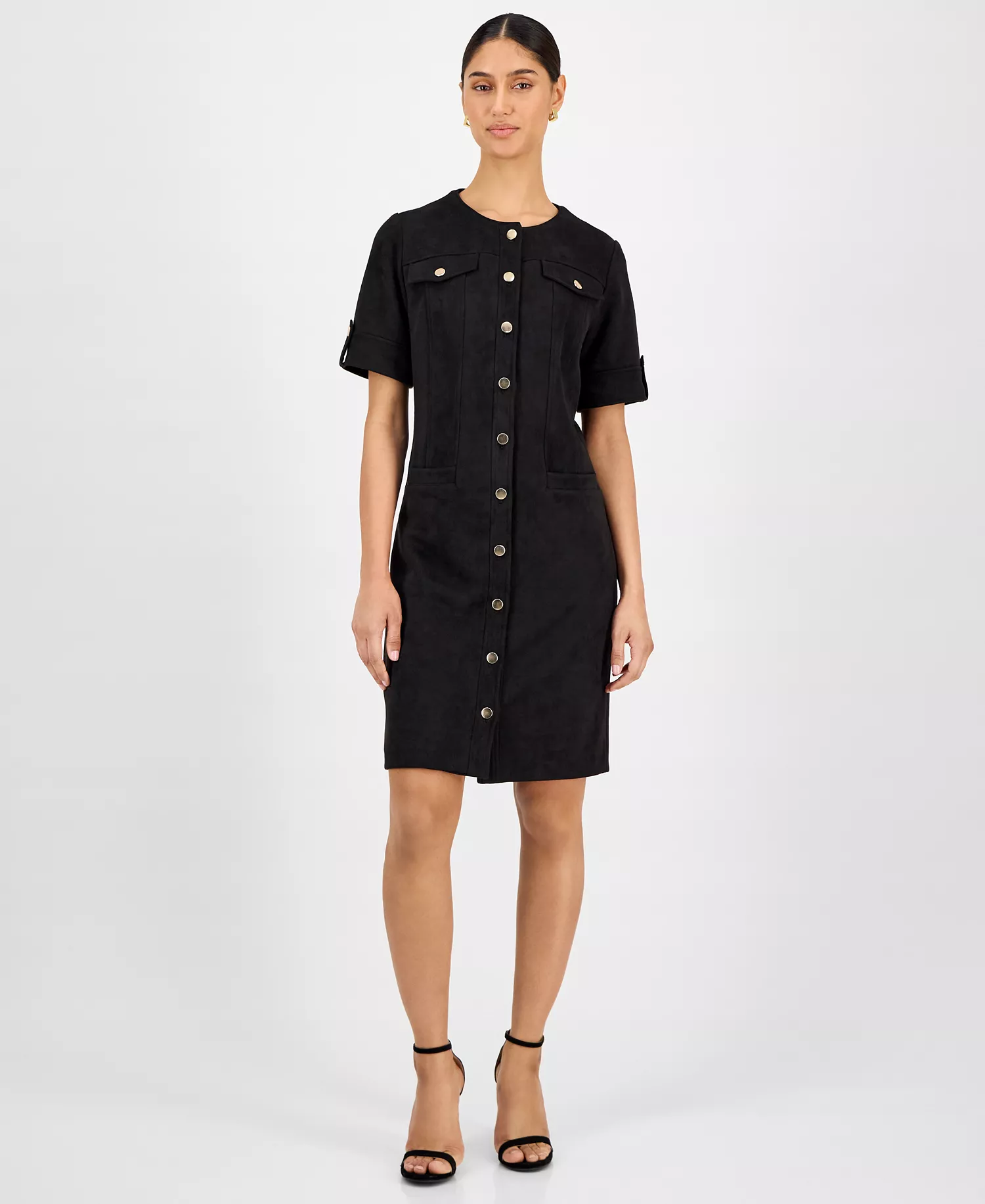 Women's Faux-Suede Short-Sleeve Shirtdress - Black - 10