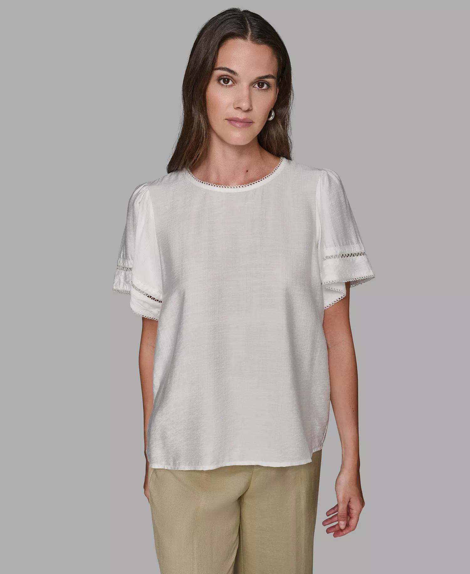 Women's Solid Trim Detail Woven Top - Soft White - L