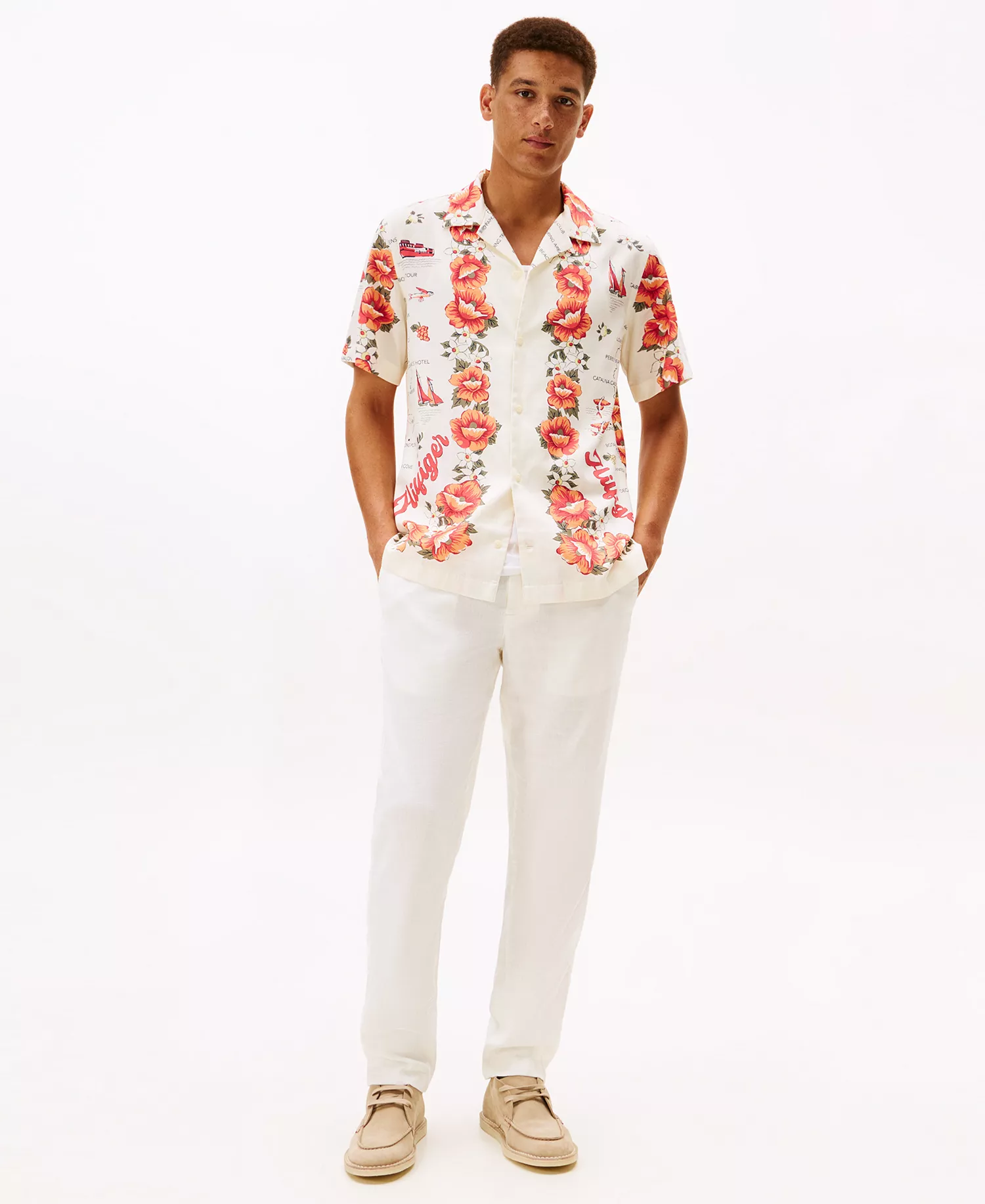 Men's Catalina Floral Print Camp Collar Short Sleeve Shirt - Ivory Petal / Allover - M