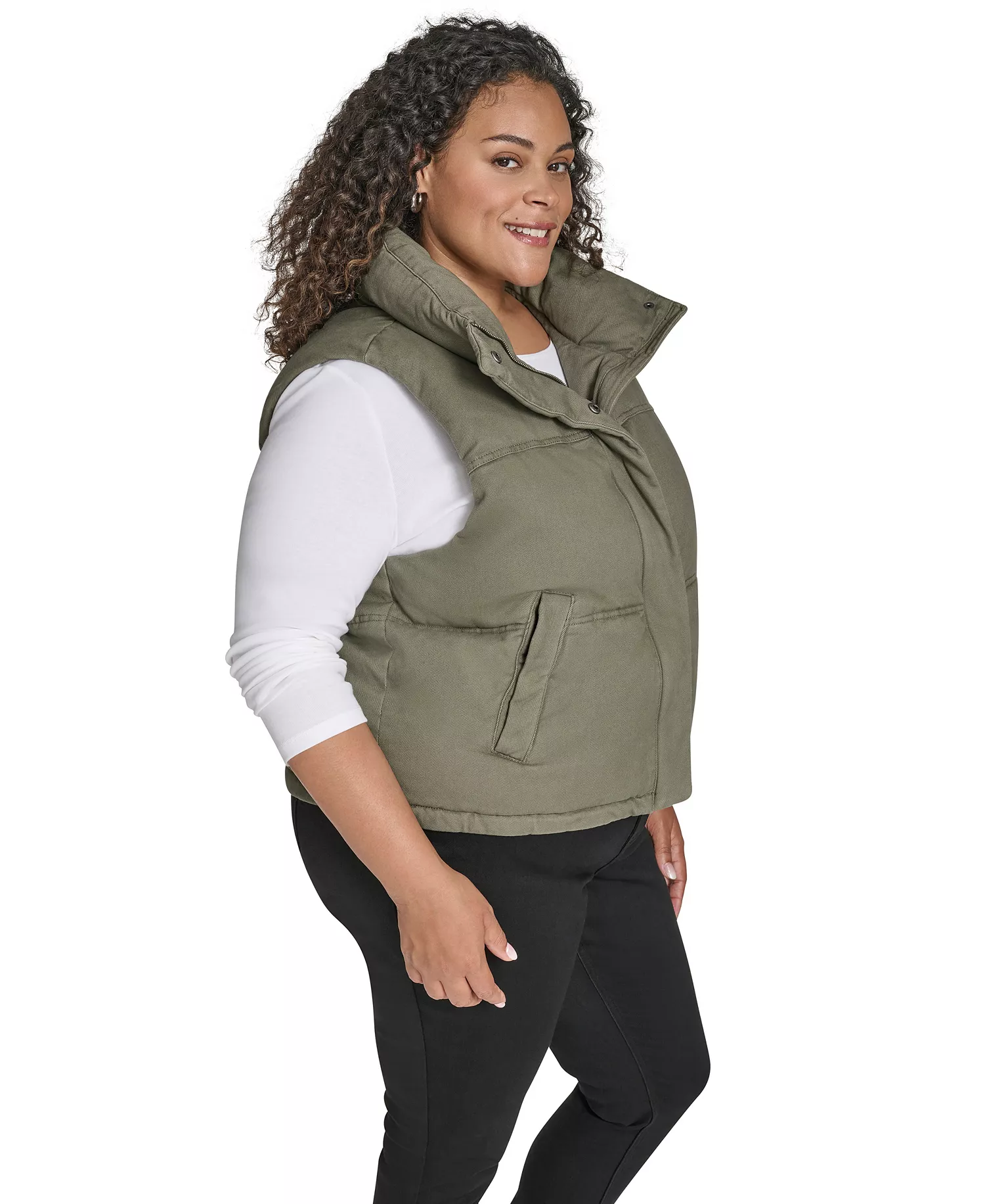 Plus Size Sleeveless Short Puffer Vest - Light Olive - 1X