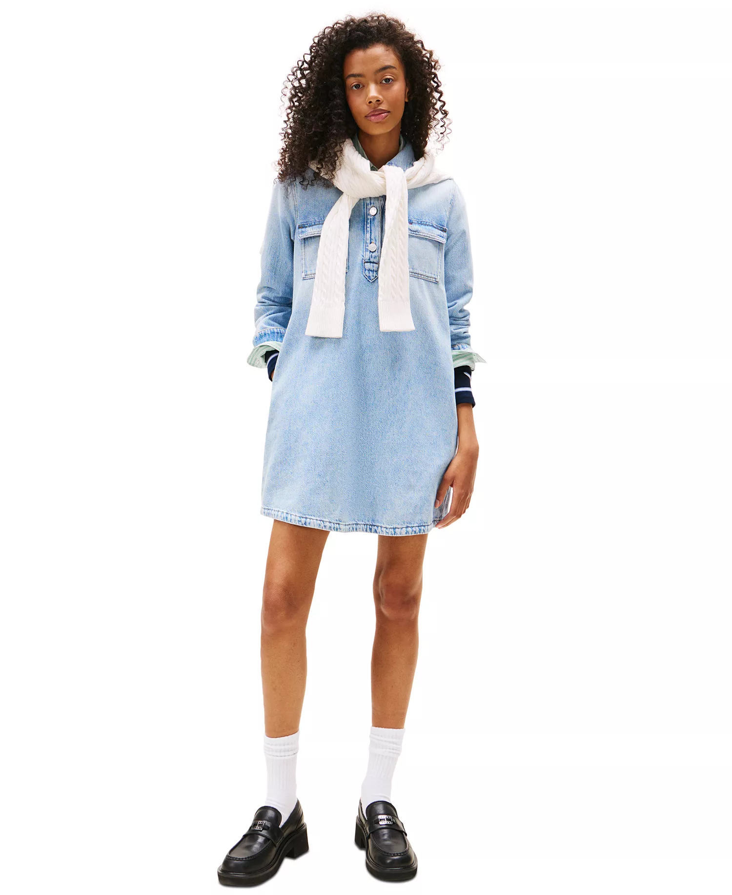 Women's Cotton A-Line Long-Sleeve Denim Dress  - Denim Light - L