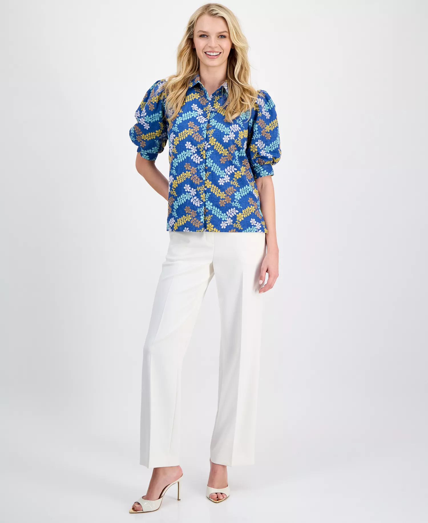 Women's Embroidered Puff-Sleeve Button-Front Blouse - Denim Multi - L