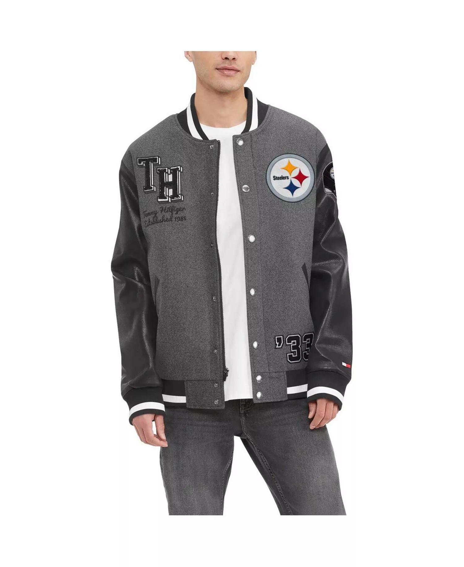 Men's Heather Gray, Black Pittsburgh Steelers Gunner Full-Zip Varsity Jacket - Heather Gray, Black - L