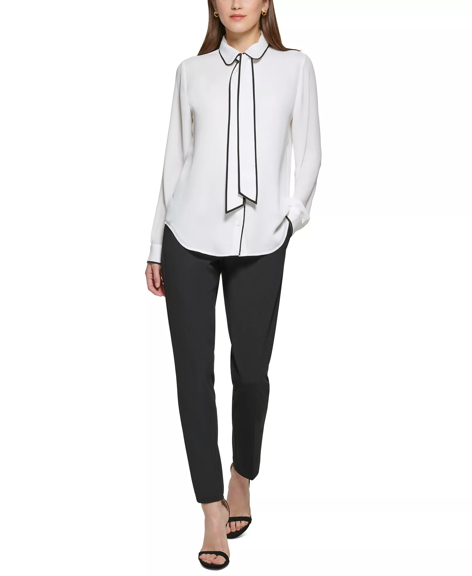 Petite Piped-Trim Button-Up Blouse, Created for Macy's - Linen White/Black - PL
