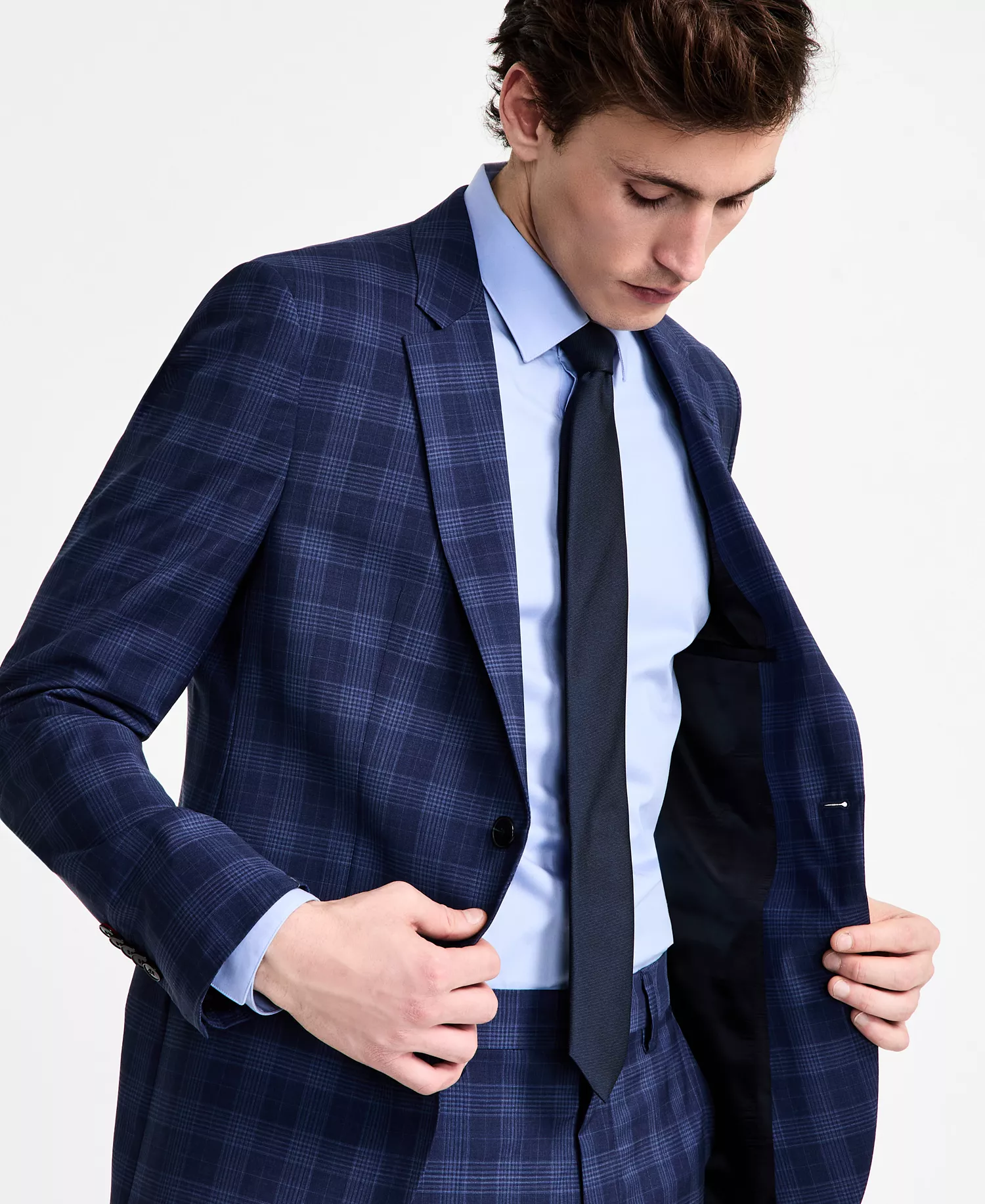 Men's Modern-Fit Wool Plaid Suit Jacket - Navy Plaid - 36R