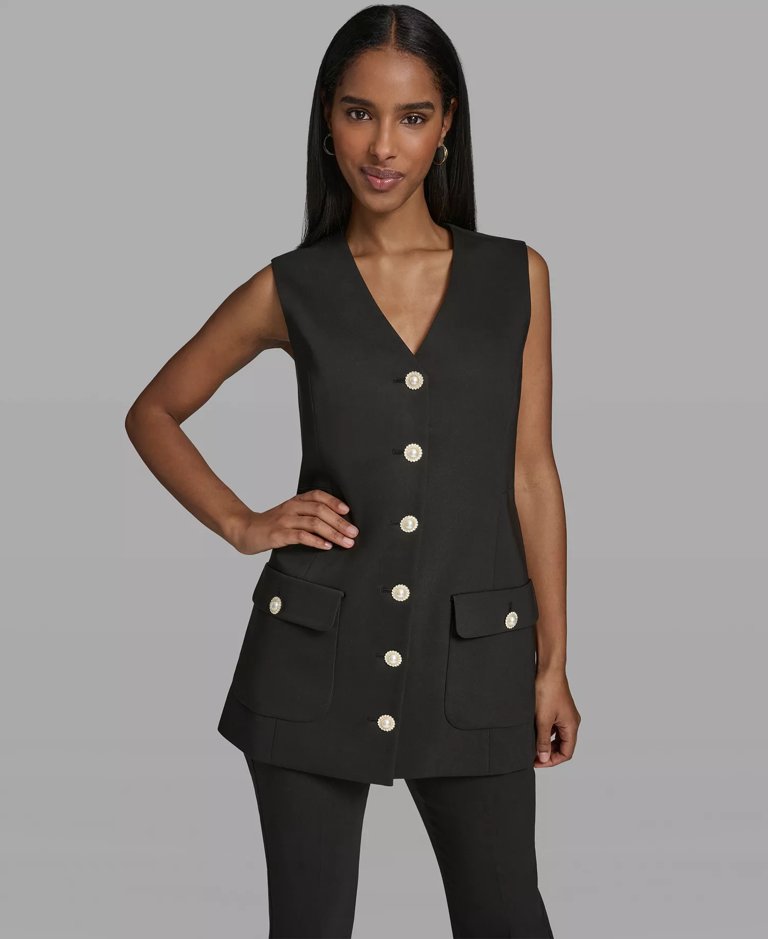 Women's V-Neck Woven Vest - Black - 0