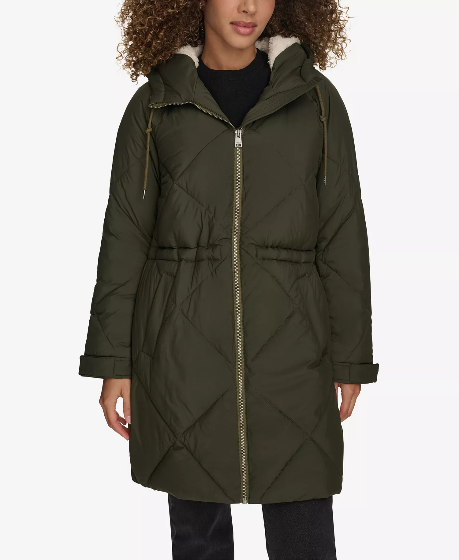 Women's Diamond Quilted Cinch Waist Parka Jacket - Army Green - L