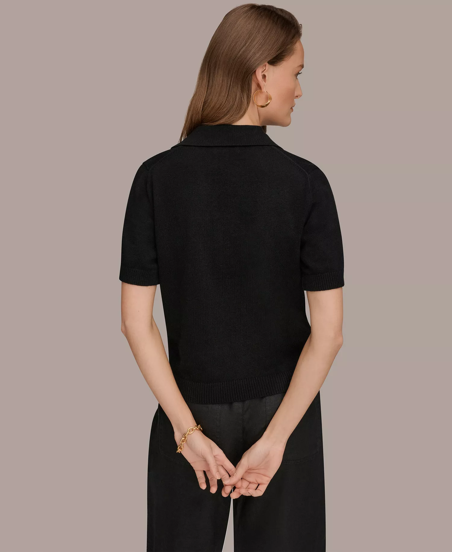 Women's Cotton Cashmere Polo Sweater with Elbow-Sleeve - Black - L